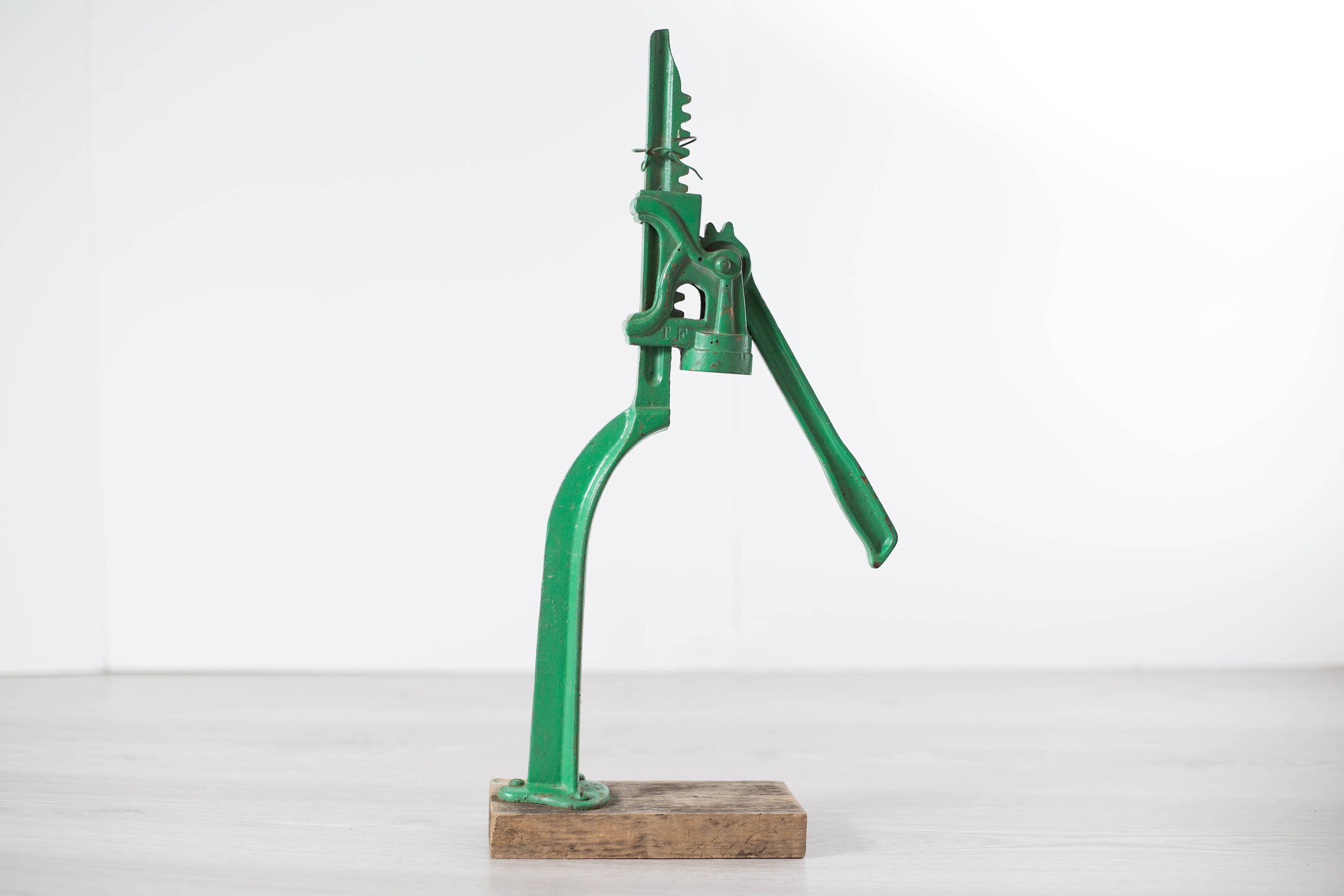 Vintage Bottle Cap Press / Green Metal and Wood Soda Beer Bottle Pressure with Handle Lever