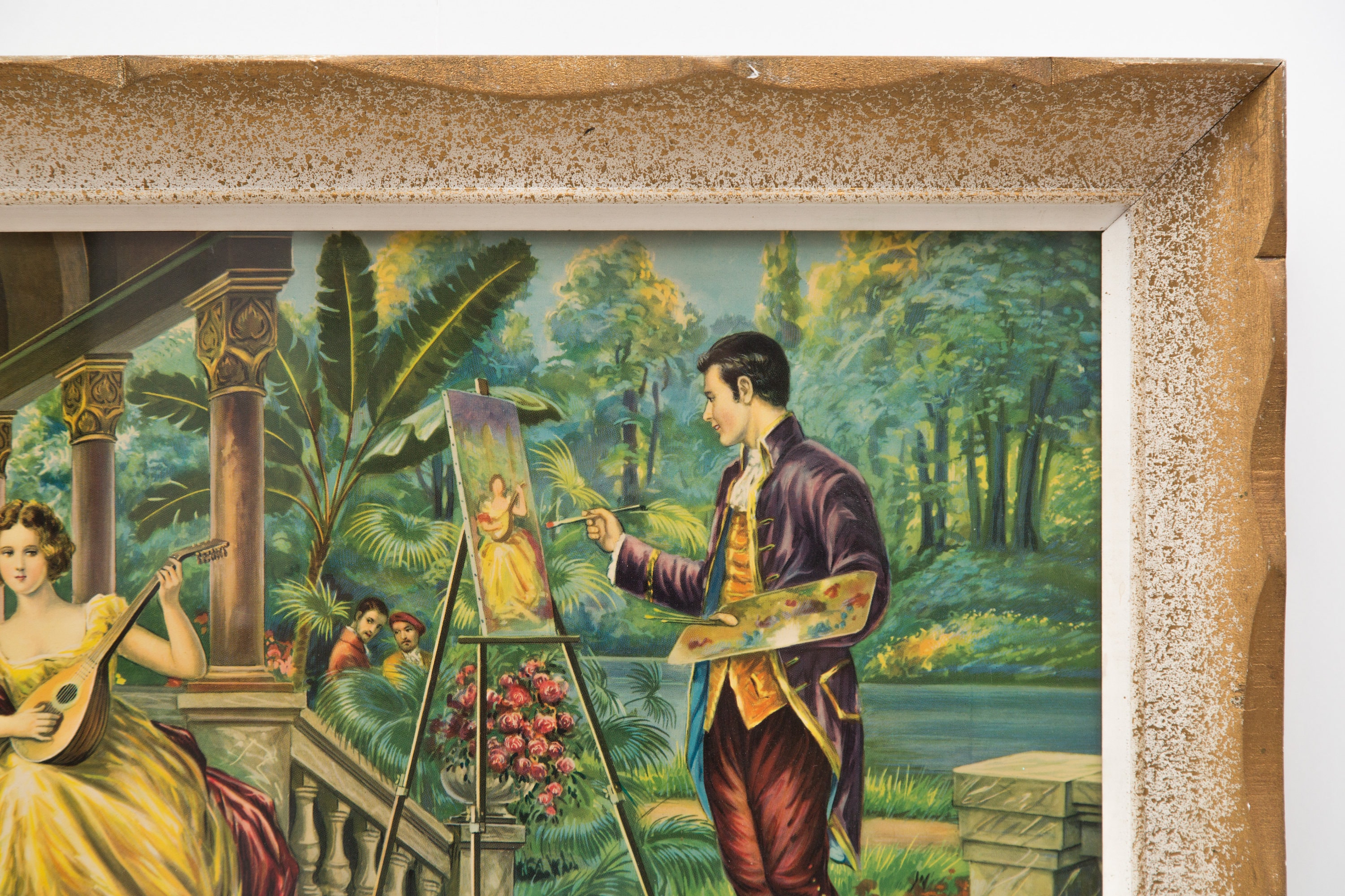 Large Vintage Print / Framed Victorian Wall Art of Man Painting Three Women with Banjo