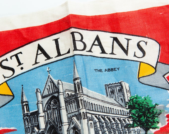 Vintage St. Albans, England Tea Towel - Linen Souvenir Cloth - English Souvenir - French Row, The Fighting Cocks,