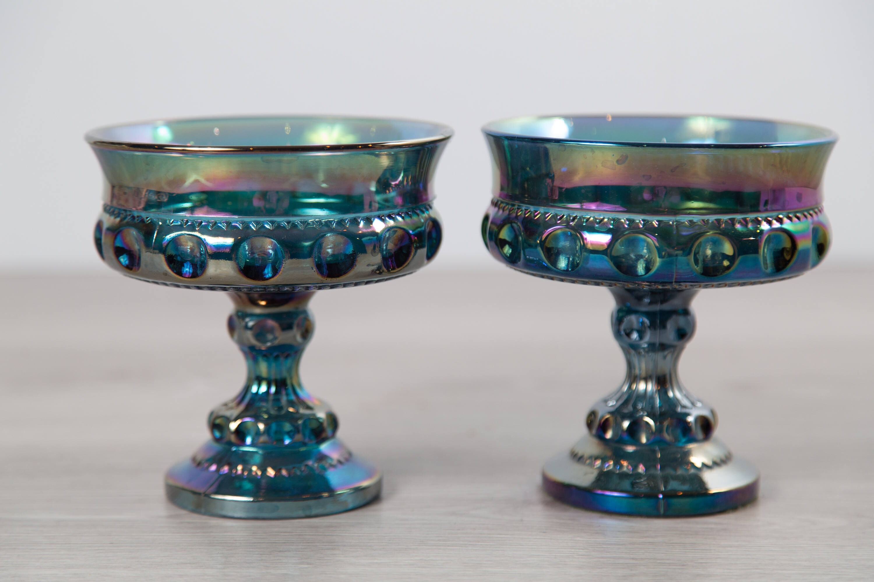 Vintage Iridescent Candy Dish Antique Thumbprint Blue Stemmed Indiana