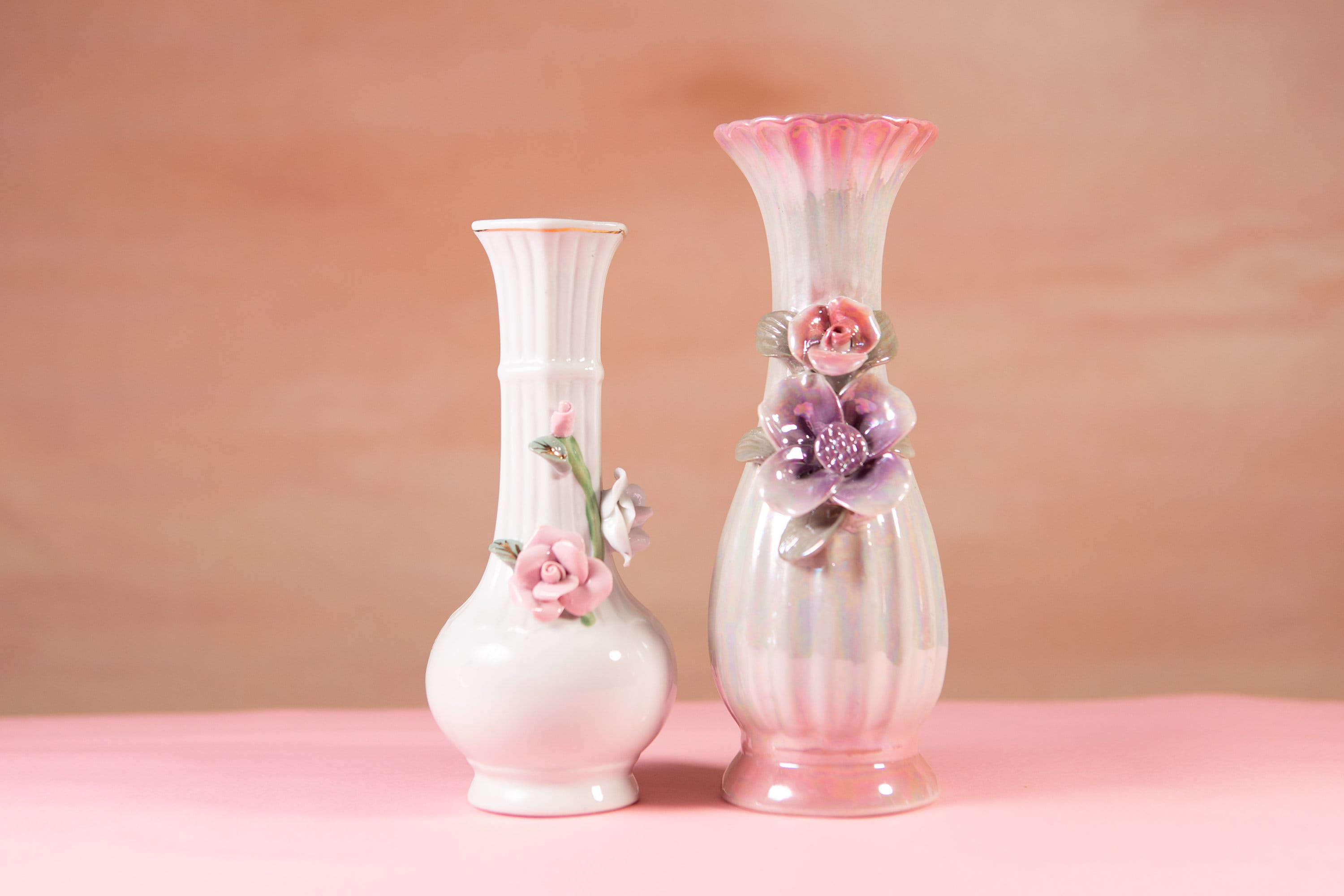 2 Vintage Ceramic Vases with Hand Sculpted Pink and Purple Flowers