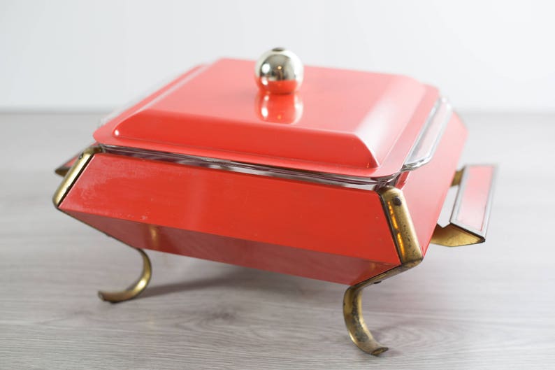 Vintage Casserole Dish Coral and Brass Dinner Dish Warmer Space Age Atomic Square