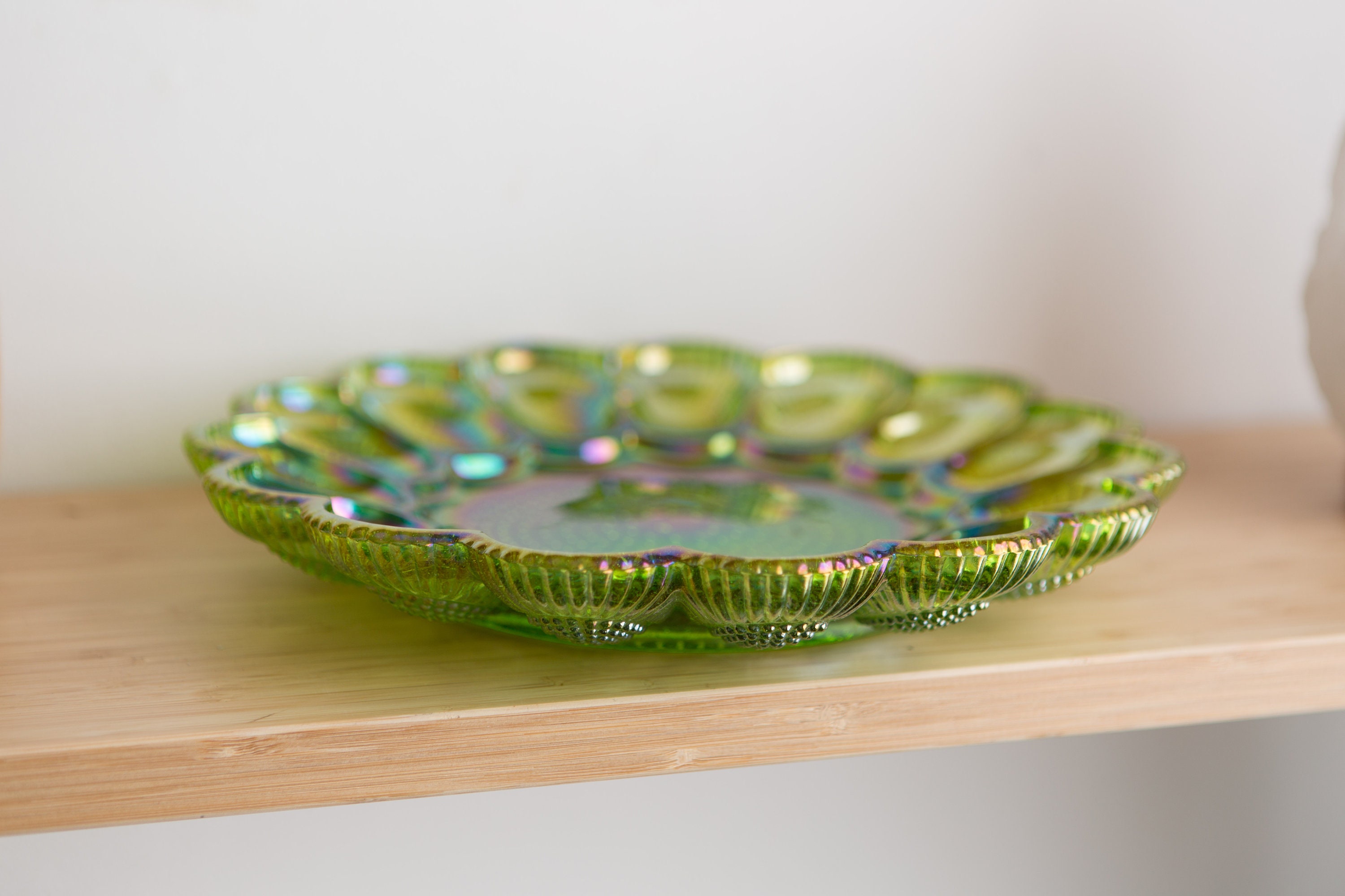 Vintage Deviled Egg Plate Indiana Glass Iridescent Green Hobnail