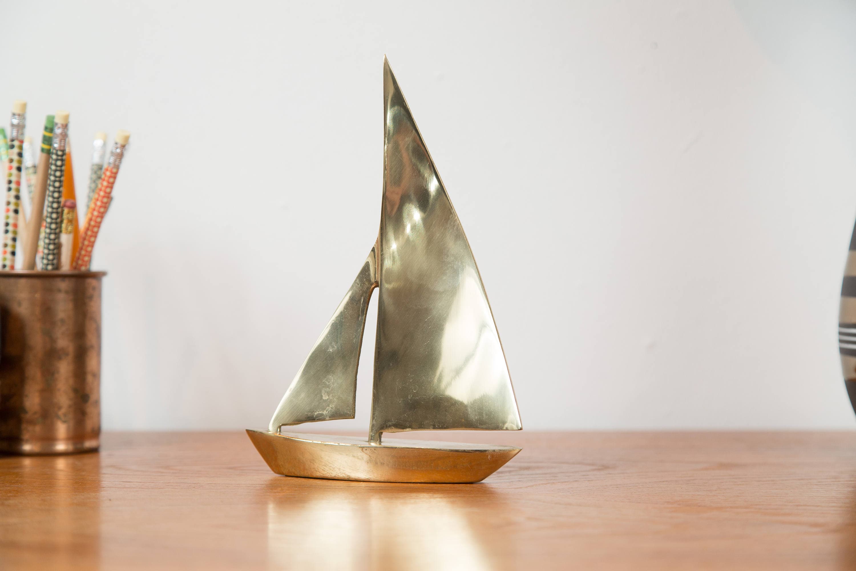 Vintage Brass Sailboat / Gold Colored Desk Ship Ornament / Hunting