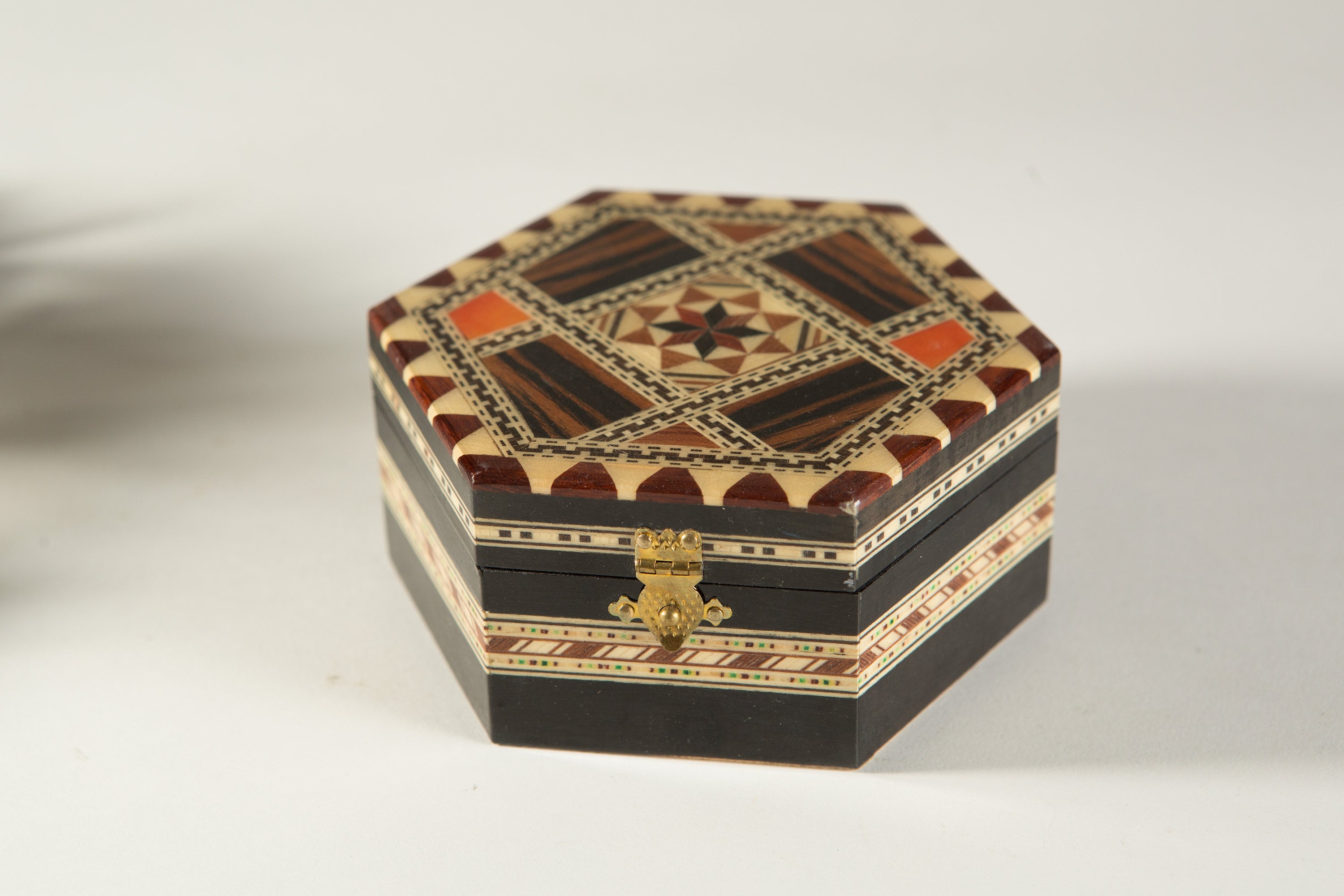Vintage Spanish Hexagon Trinket Box with Wood Inlay Handmade