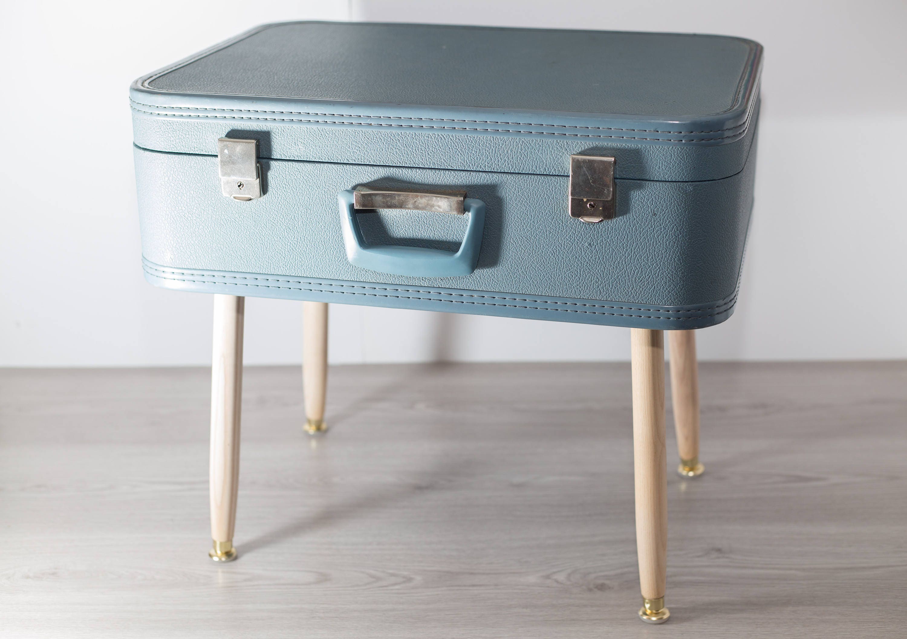 Suitcase Side Table / Upcycled Vintage Blue Luggage Coffee End Table with Wood Legs and Inside