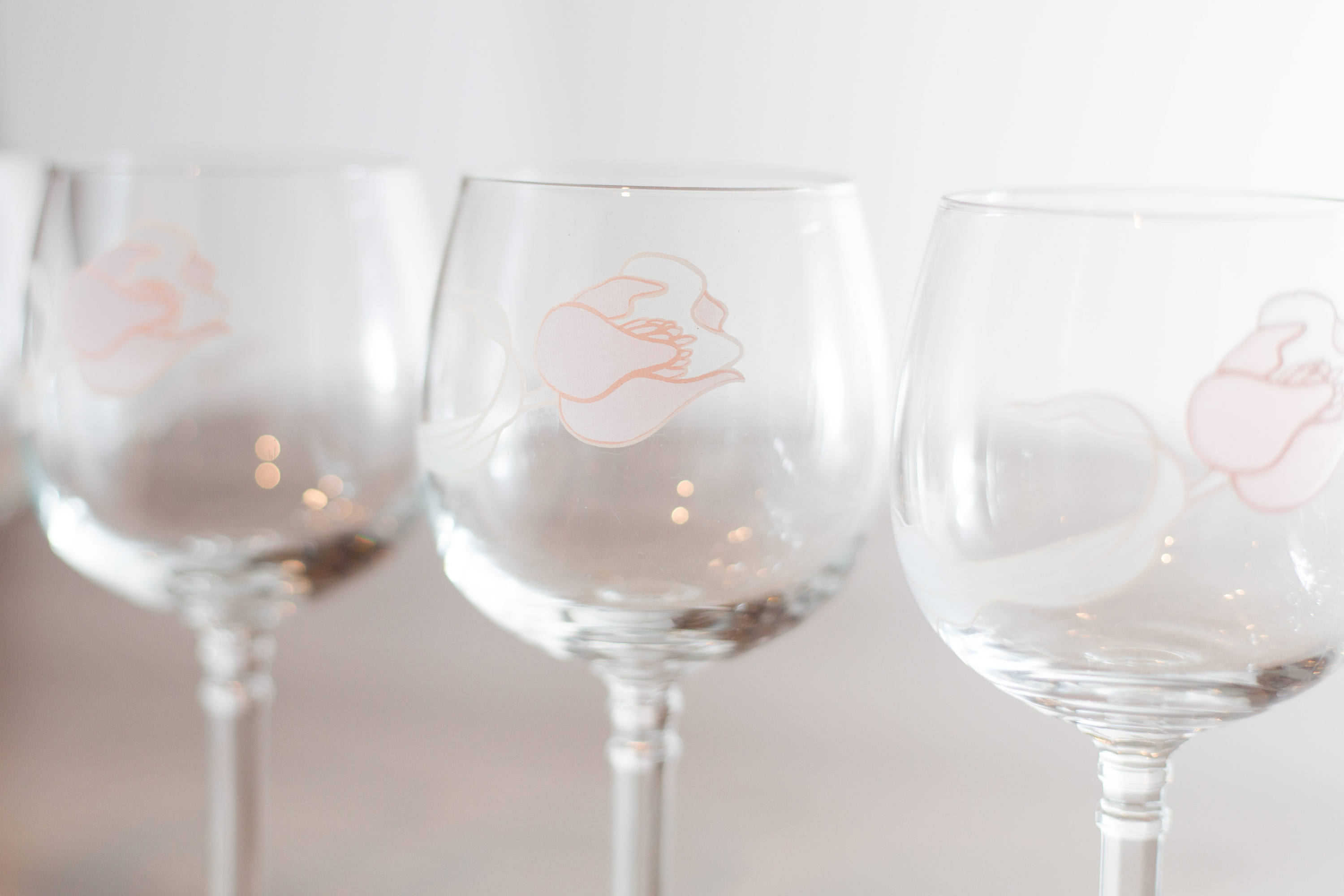 11 Vintage Rose Wine Glasses Pink Rose Flower Motif Cocktail Glasses