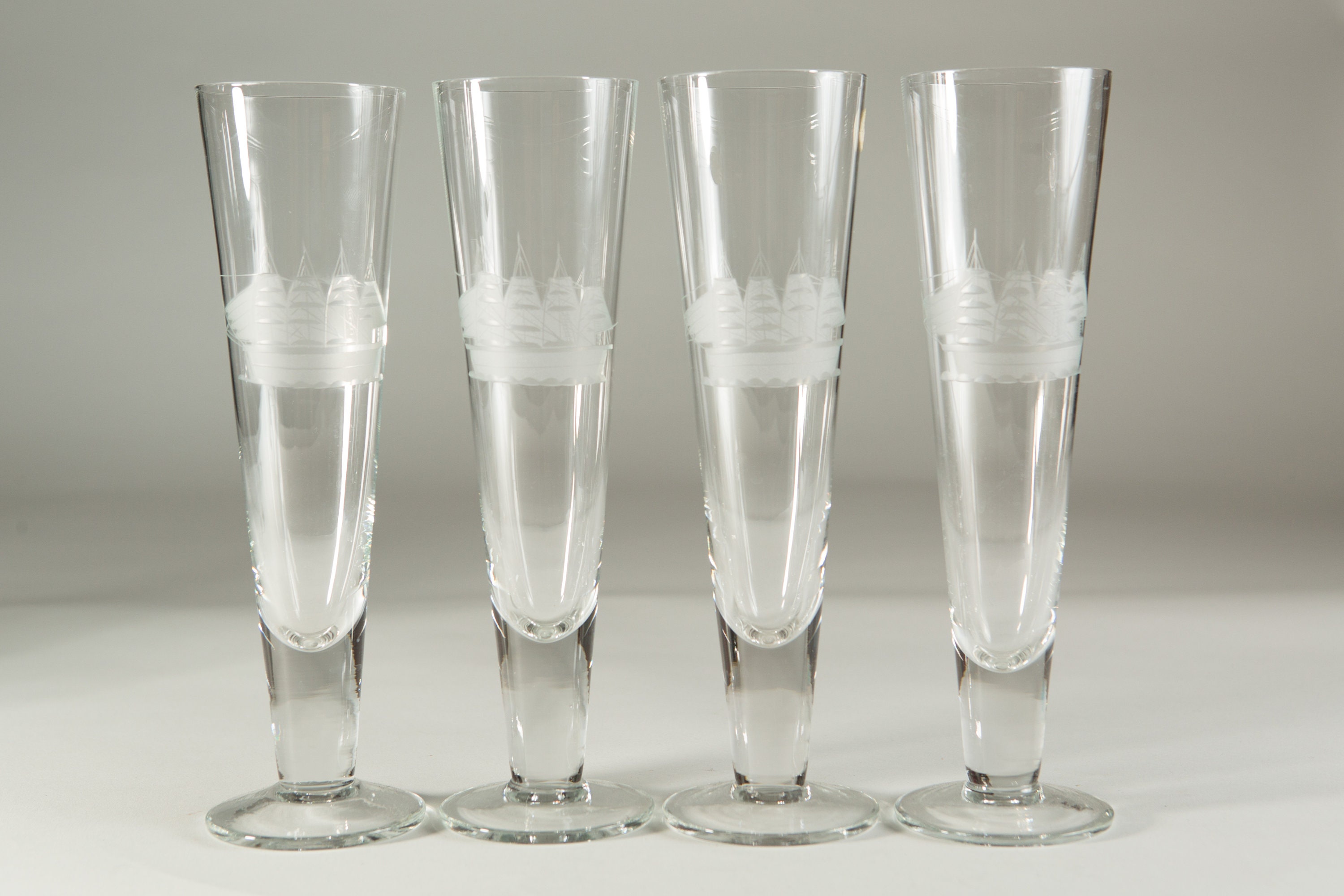 4 Nautical Ship Glasses Vintage Etched Sailboat Beer Stein Glasses