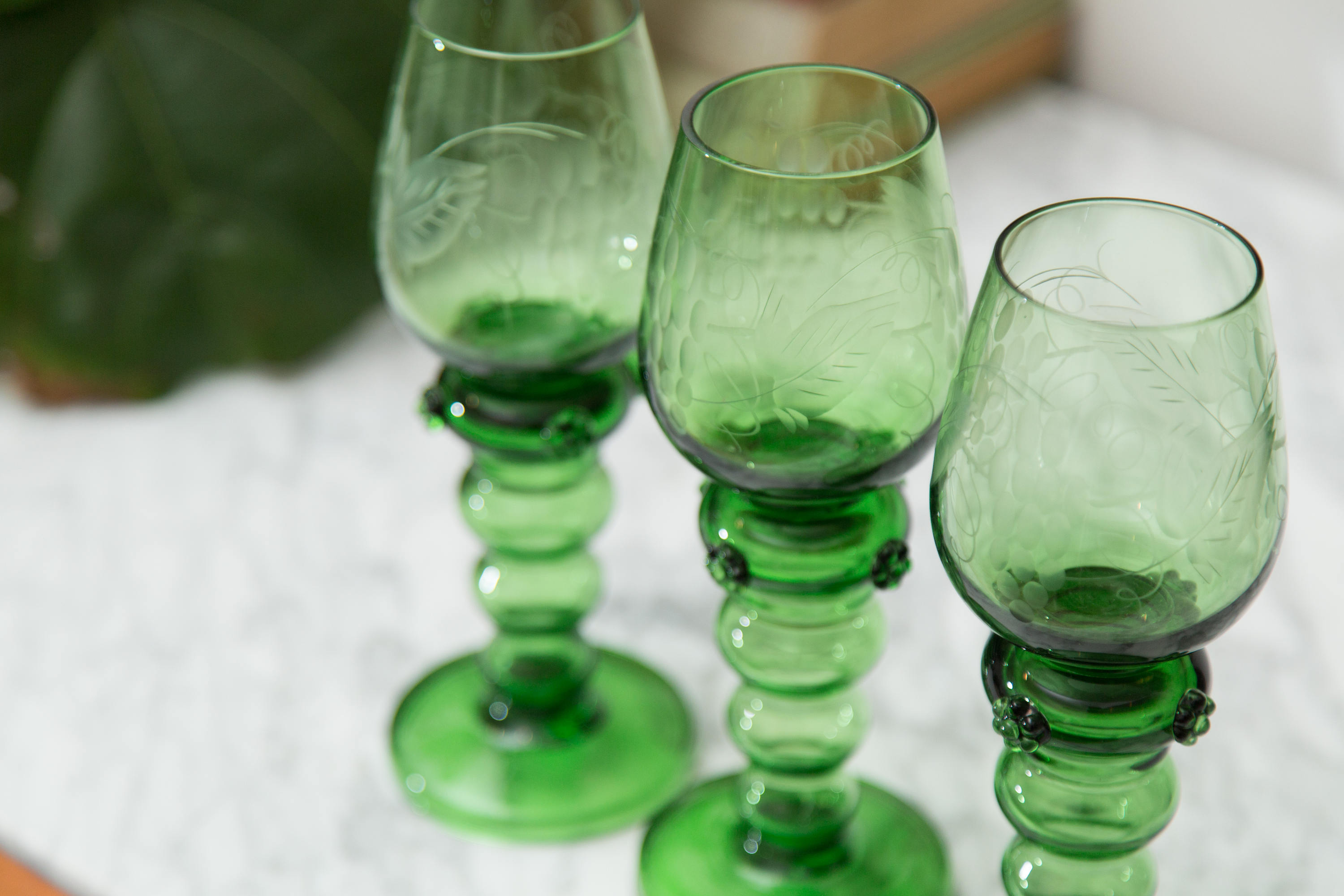 Green Wine Glasses Antique Handblown Floral Etched Set of 3 Tropical