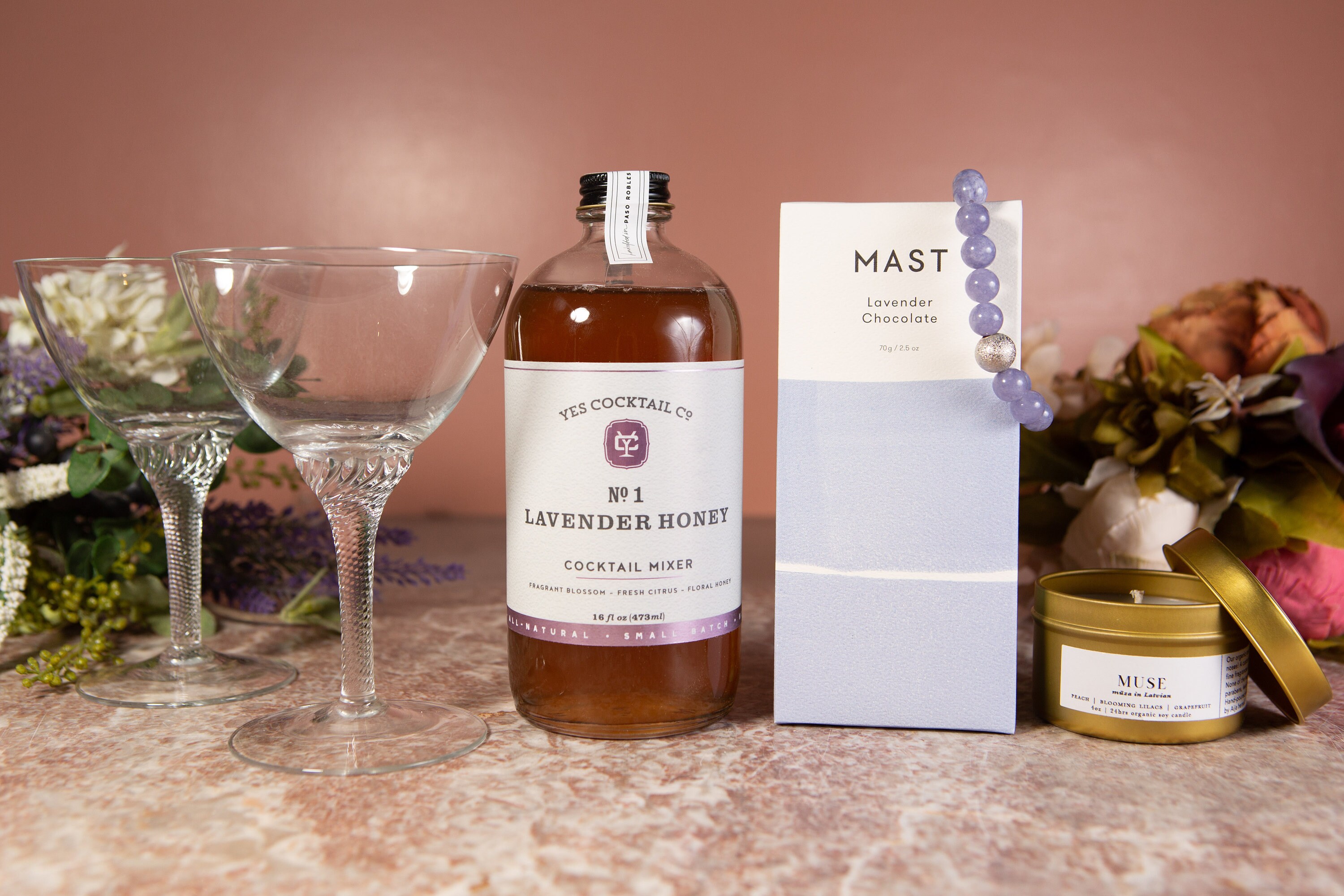 Lavender Love Cocktail Gift Box Set with Vintage Glasses, Lavender