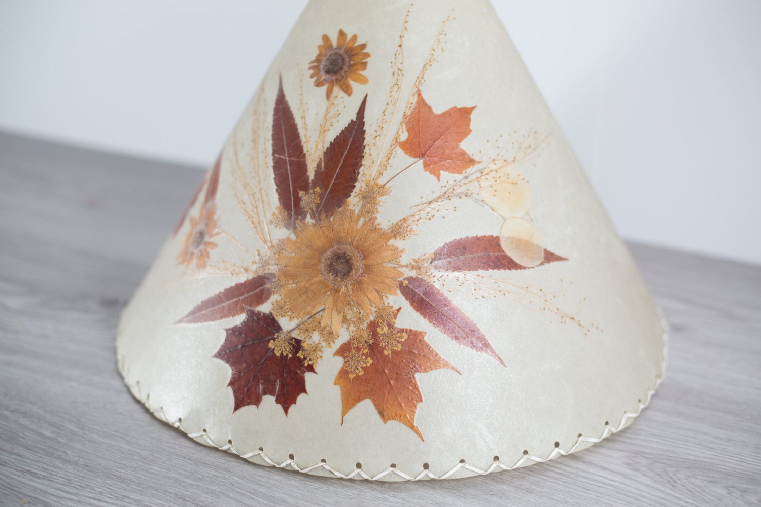 Vintage Parchment Lampshade with Pressed Brown Leaves and Flowers