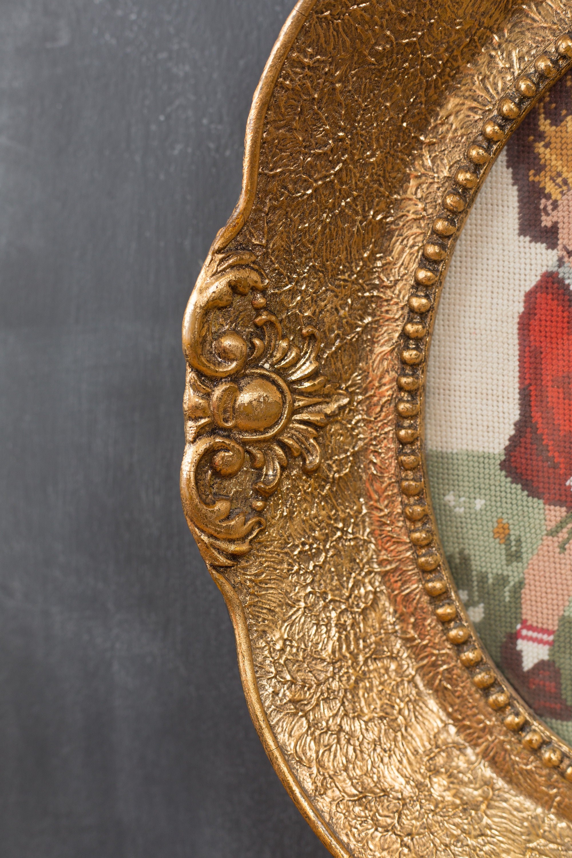 Vintage Latch Hook Artwork Pair of Gold Colored Oval Framed