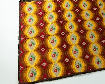 70's Needlepoint Artwork - Vintage Avant Basic Geometric Orange, Yellow, Brown Embroidered Cross Stitch Floral Fabric Art Tapestry