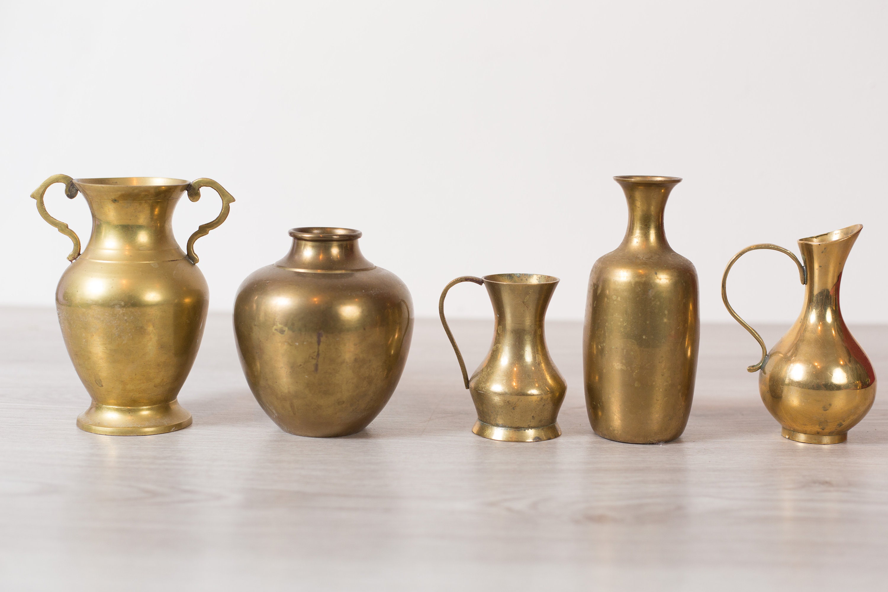 Vintage Brass Vases Set of 5 Small Gold Colored Bubble Bud Vases for