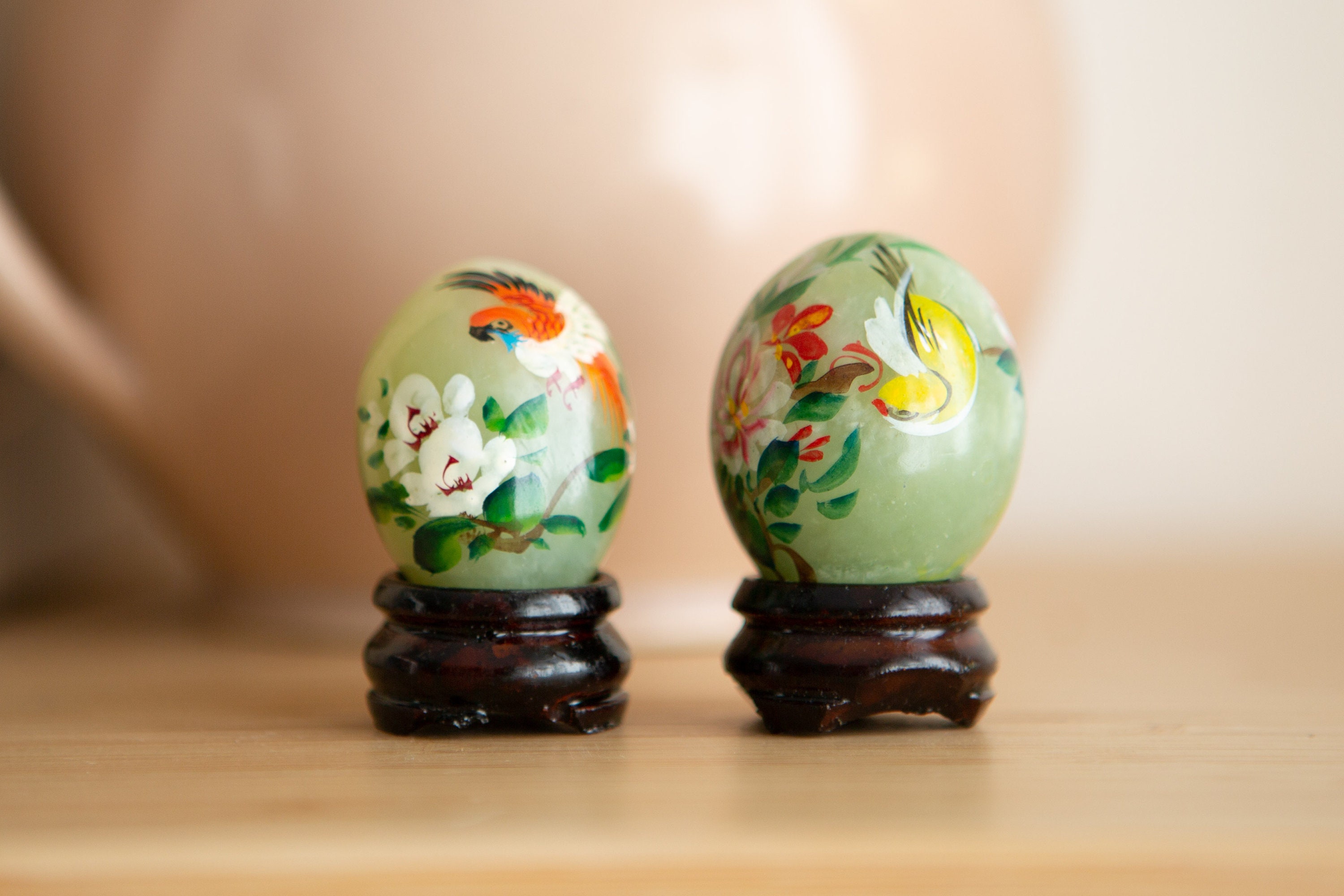 Mini Jade Eggs with Painted Birds, Flowers and Pedestal Gemstone