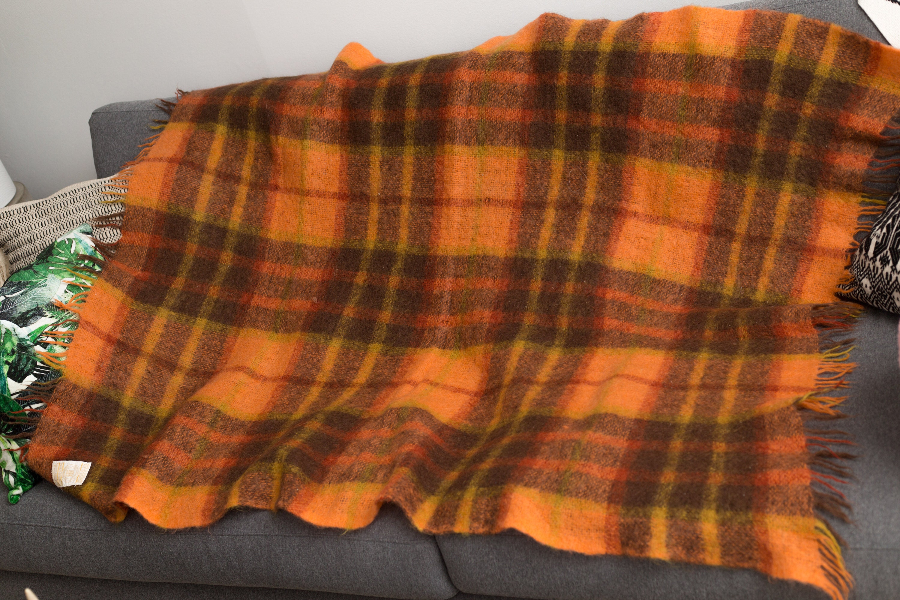 Orange Plaid Blanket HBC Hudson's Bay Mohair and Wool Burnt Orange