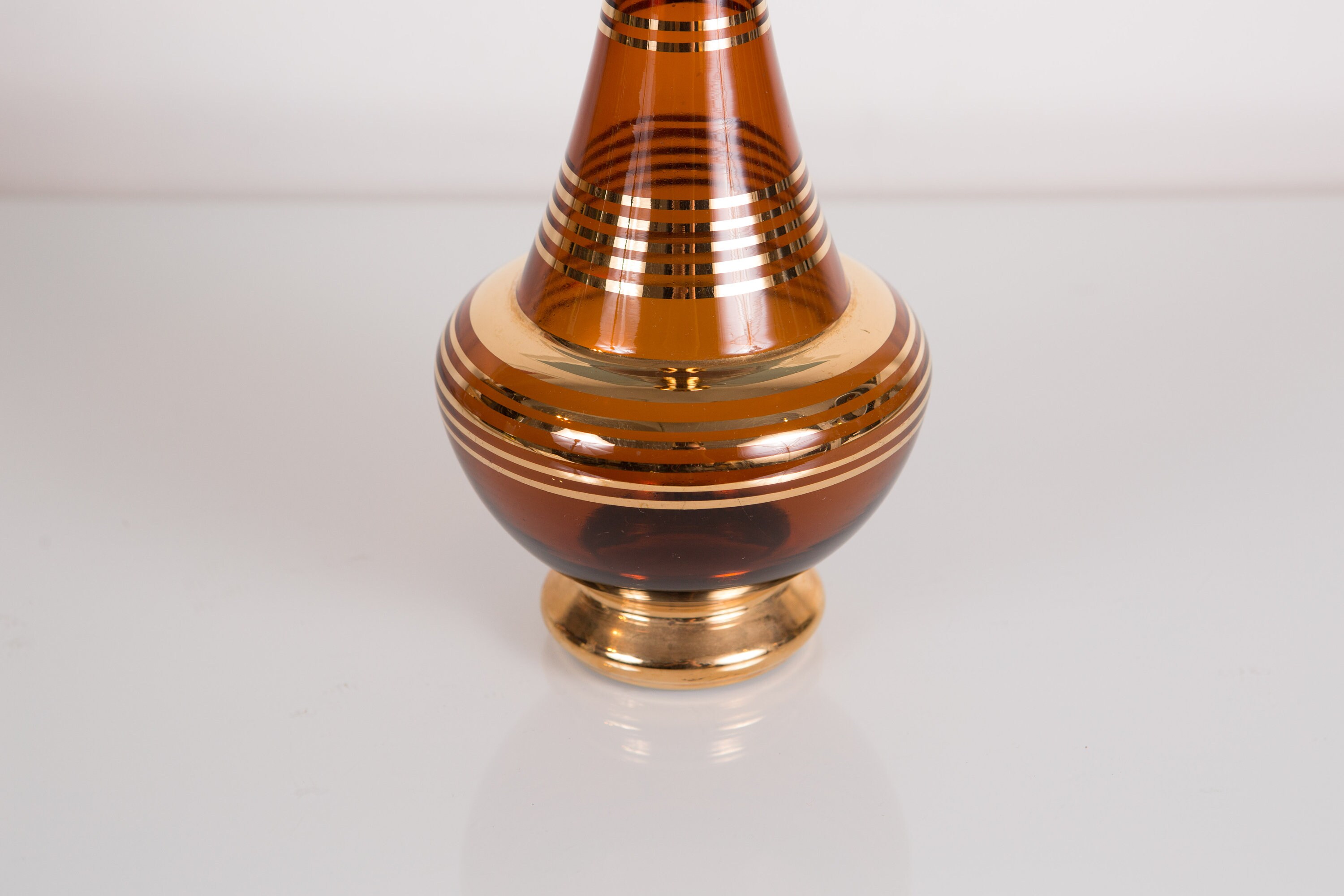 Brown Glass Decanter with Gold Stripes Vintage Smoke Brown Metallic