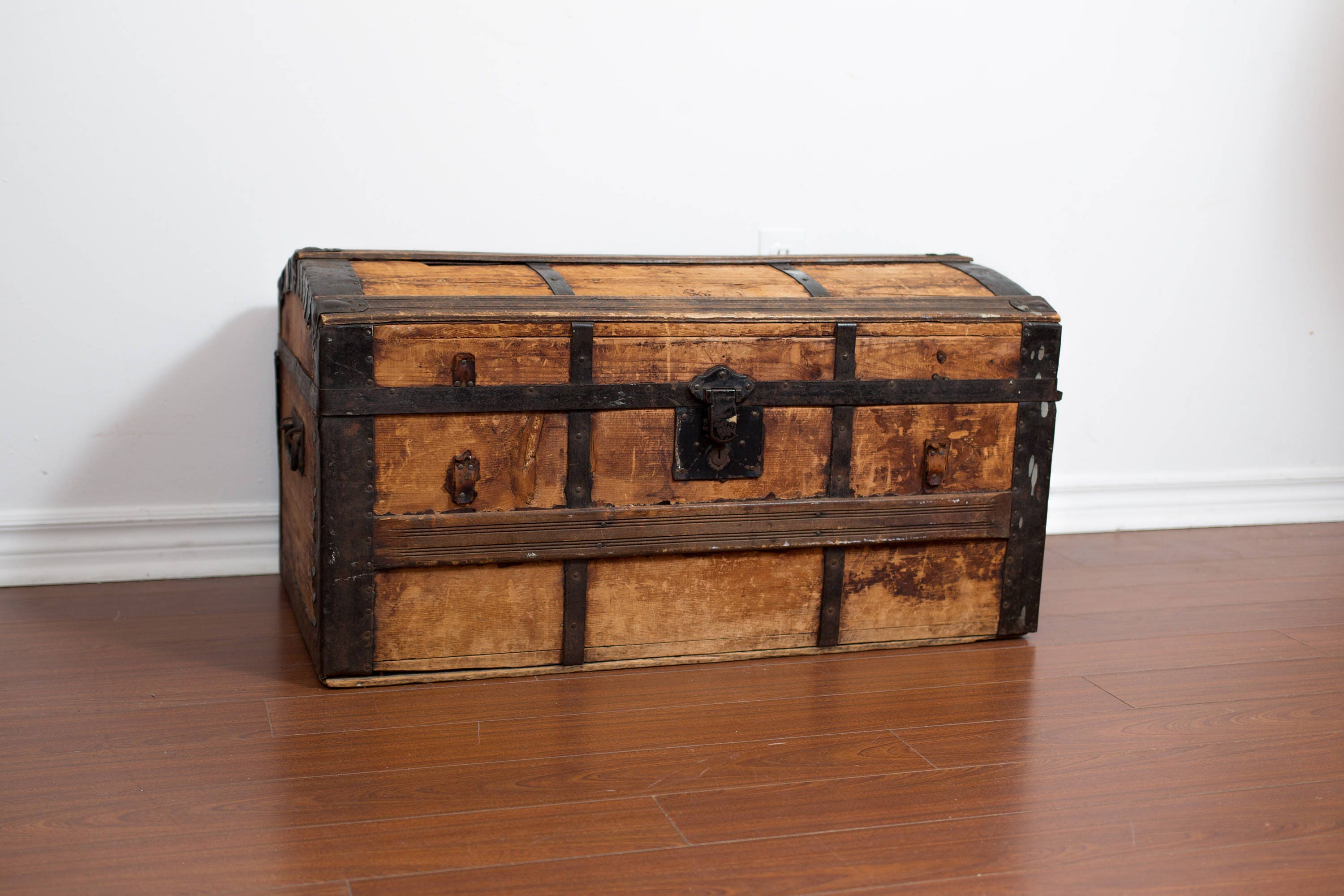 Antique Wood Chest / Rugged Primitive Rustic Wood Storage Trunk