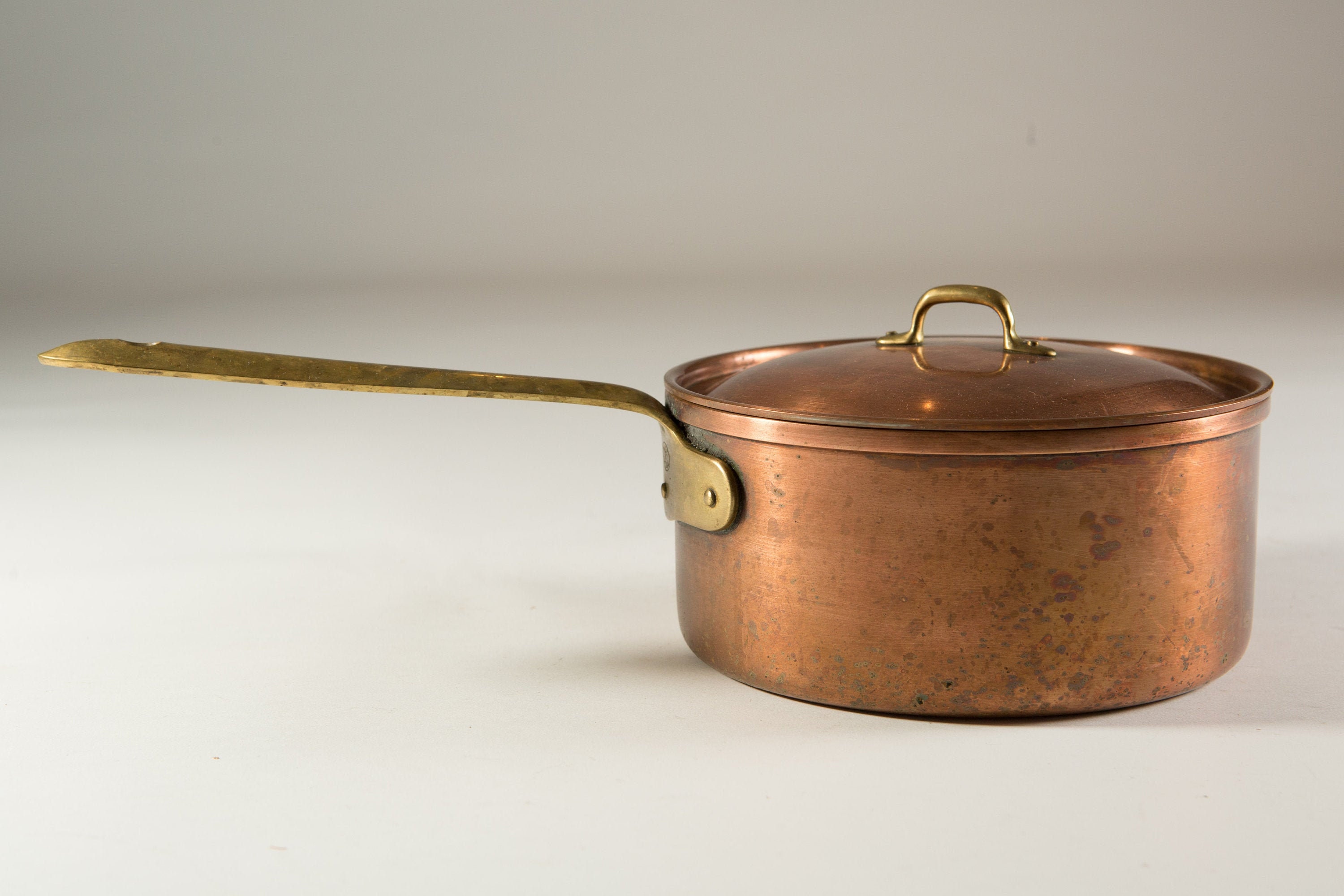 Farmhouse Vintage Copper Pot or Kettle, Brass Handles Portugal Metalutil  #39155