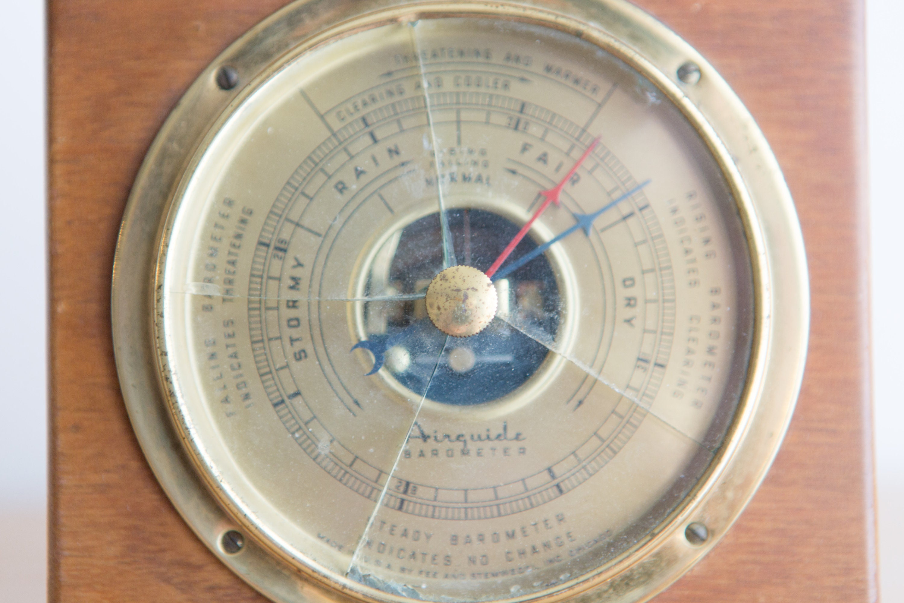 Airguide Wall Barometer 1930's Vintage Brass and Wood Barometer