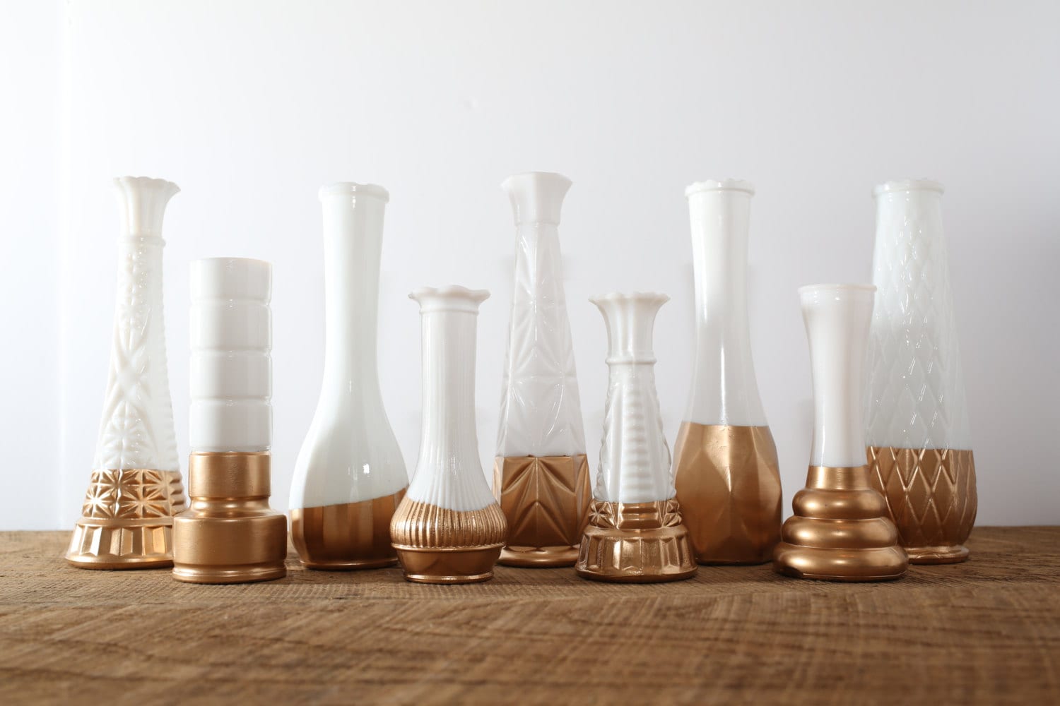 6 Centrepiece Vases Gold Dipped Vintage Geometric White Milk Glass Set of 6 mid century