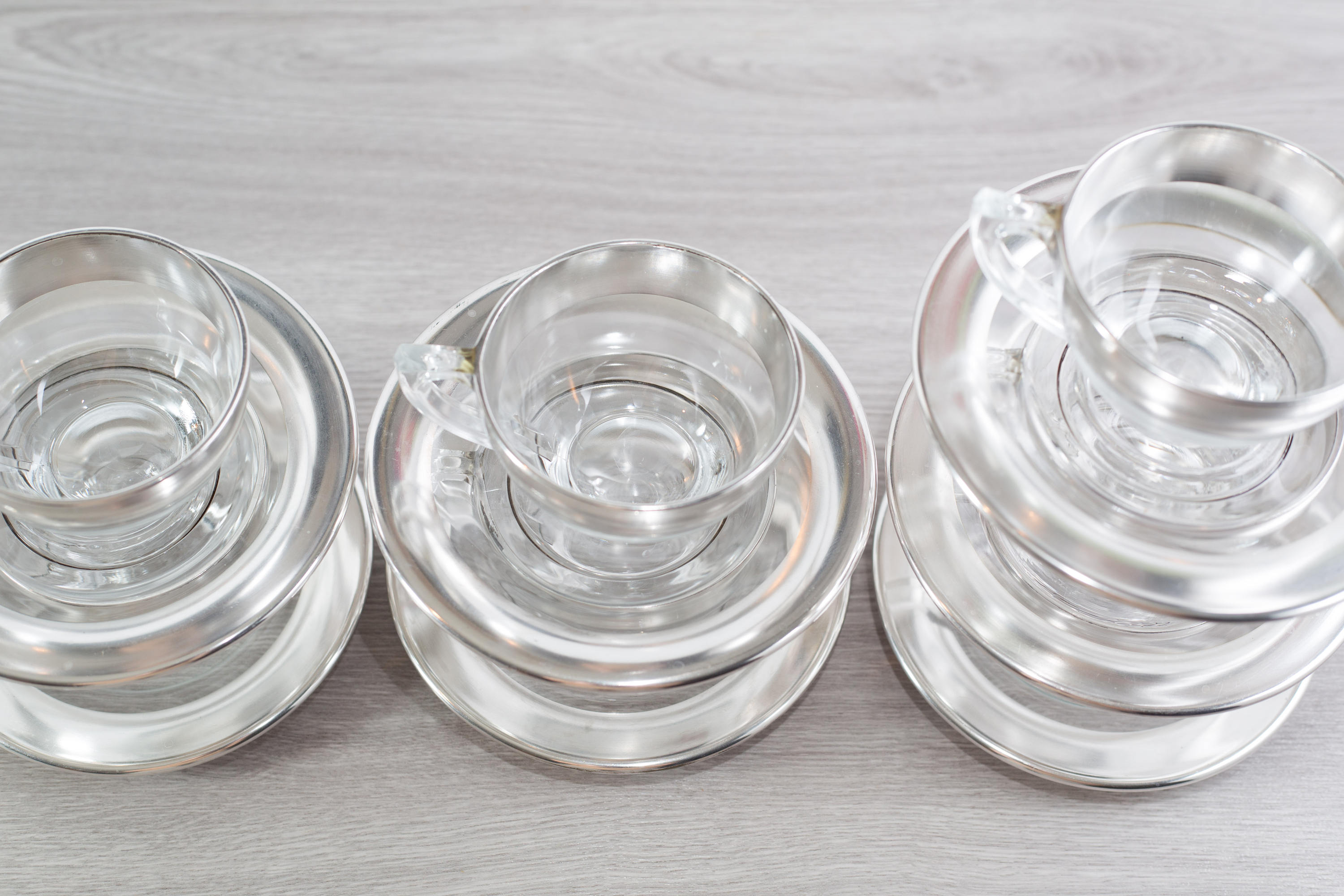 Glass and Silver Teacups / Set of 7 Vintage Silver Banded Tea Cups and Plates / Silver Rim