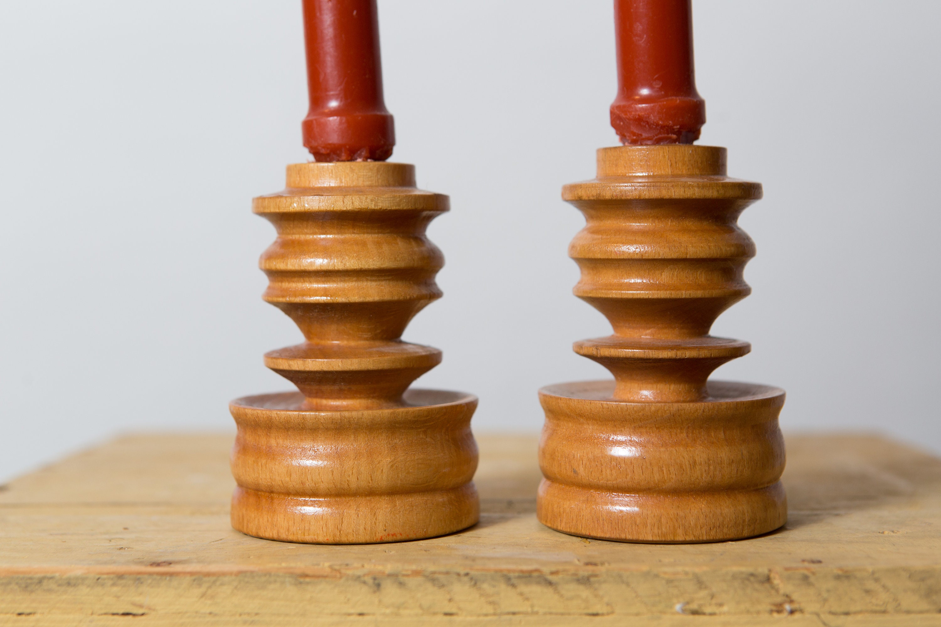 Vintage Wood Candlestick Holders Rustic Modern Maple Coloured
