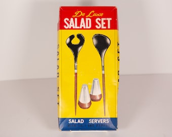 Deluxe Salad Set - Vintage Teak Salad Tongs and Salt Shakers - Mid Century Modern Giftcraft Danish Style Wood Salad Tossers