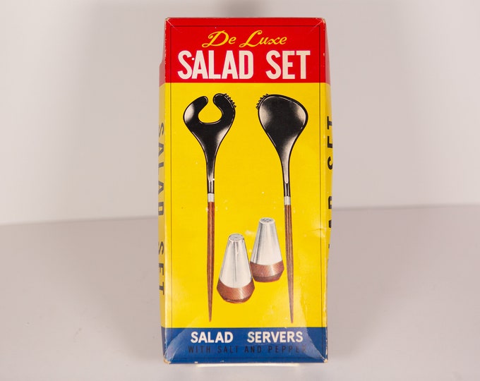 Deluxe Salad Set - Vintage Teak Salad Tongs and Salt Shakers - Mid Century Modern Giftcraft Danish Style Wood Salad Tossers