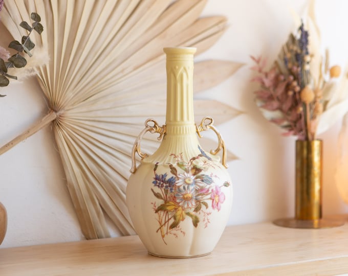 Antique Ceramic Vase with Flowers - Vintage Floral Fluted Bubble Vase