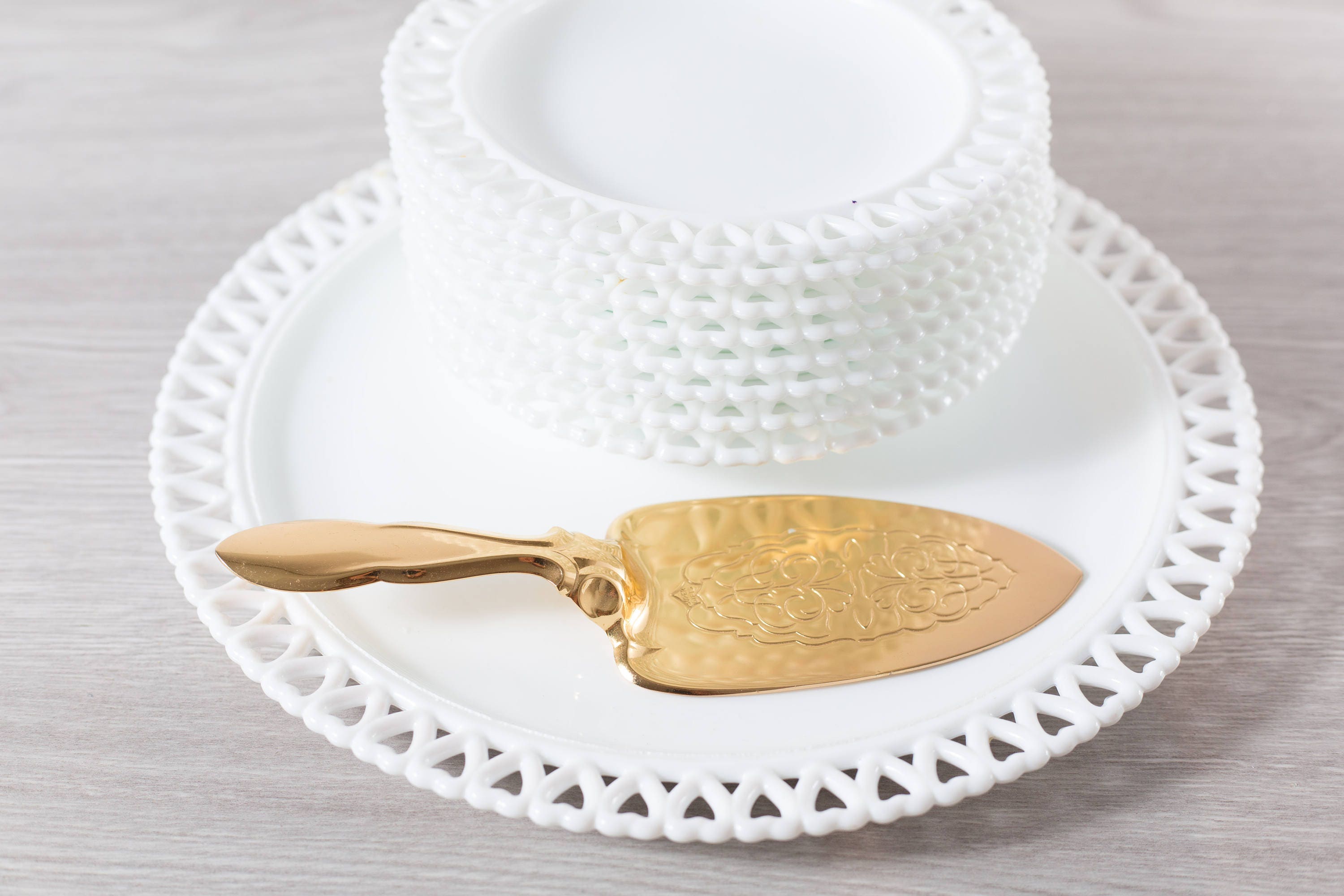 Milk Glass Plates / Open Heart Lace Edge White Serving Plates / Cake or