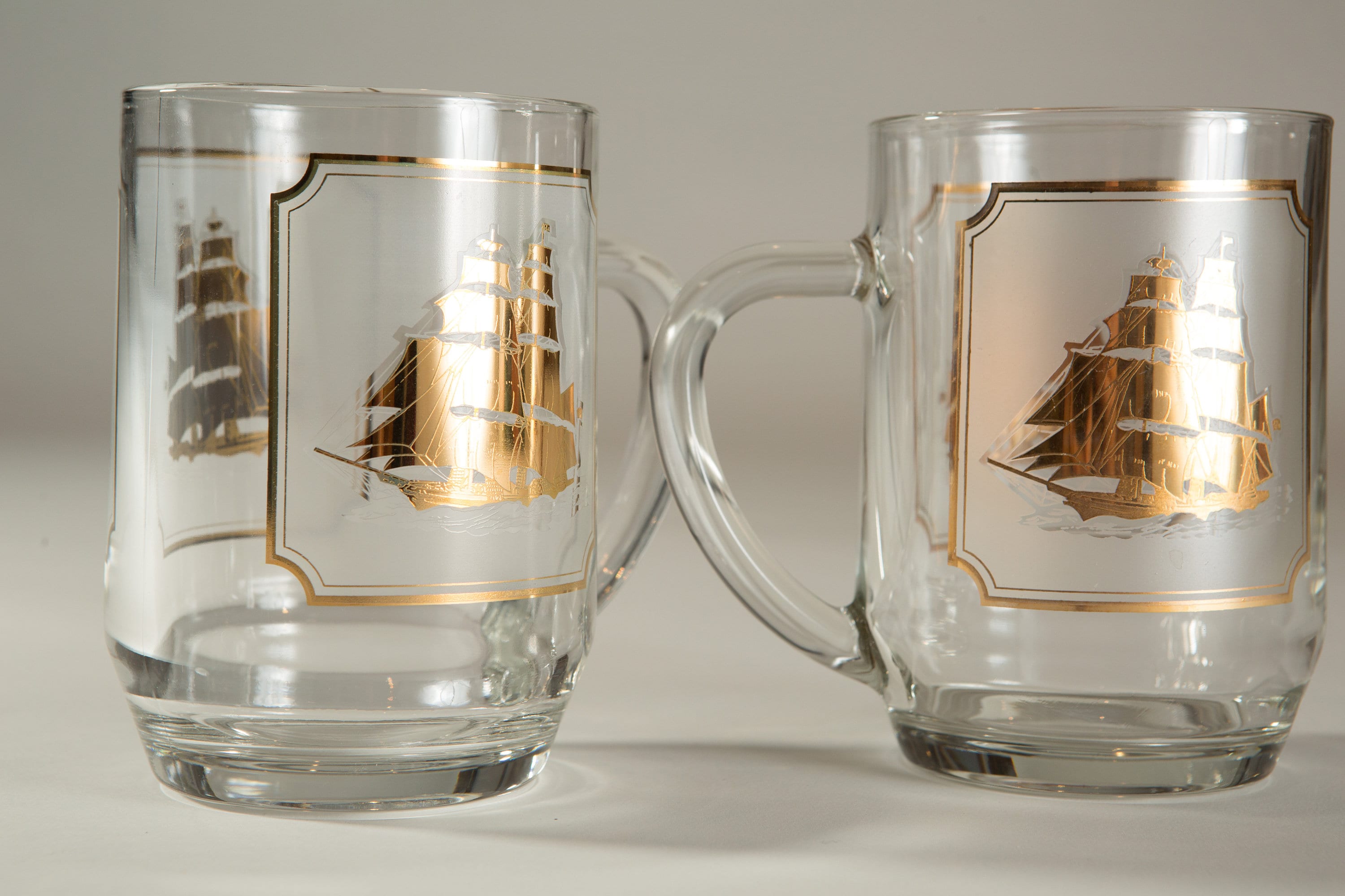 Nautical Ship Mugs Gold Decal Vintage Sailboat Beer / Cocktail Glass