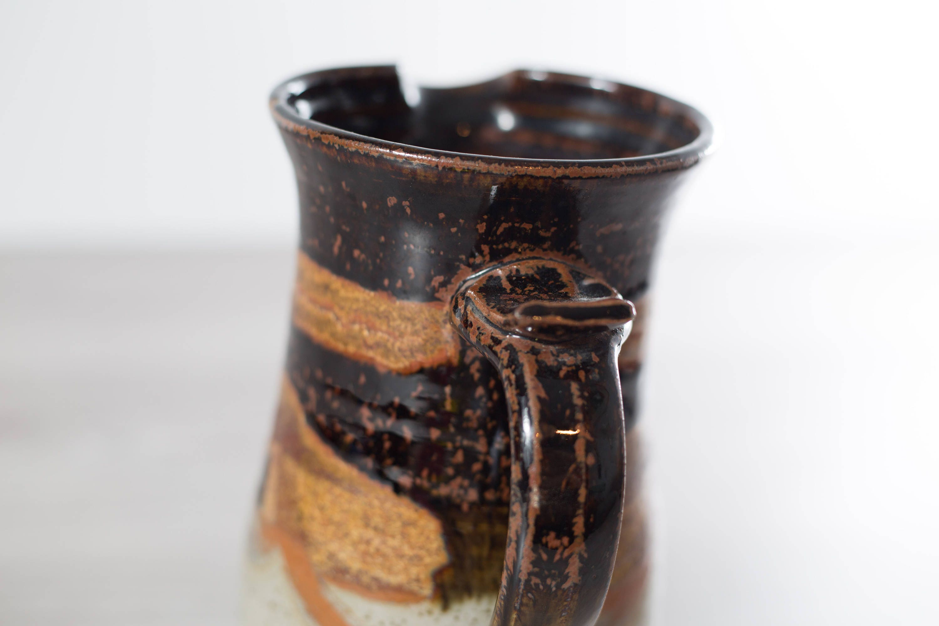 Vintage Ceramic Jug Vase / Brown and Cream Studio Pottery with Wavy