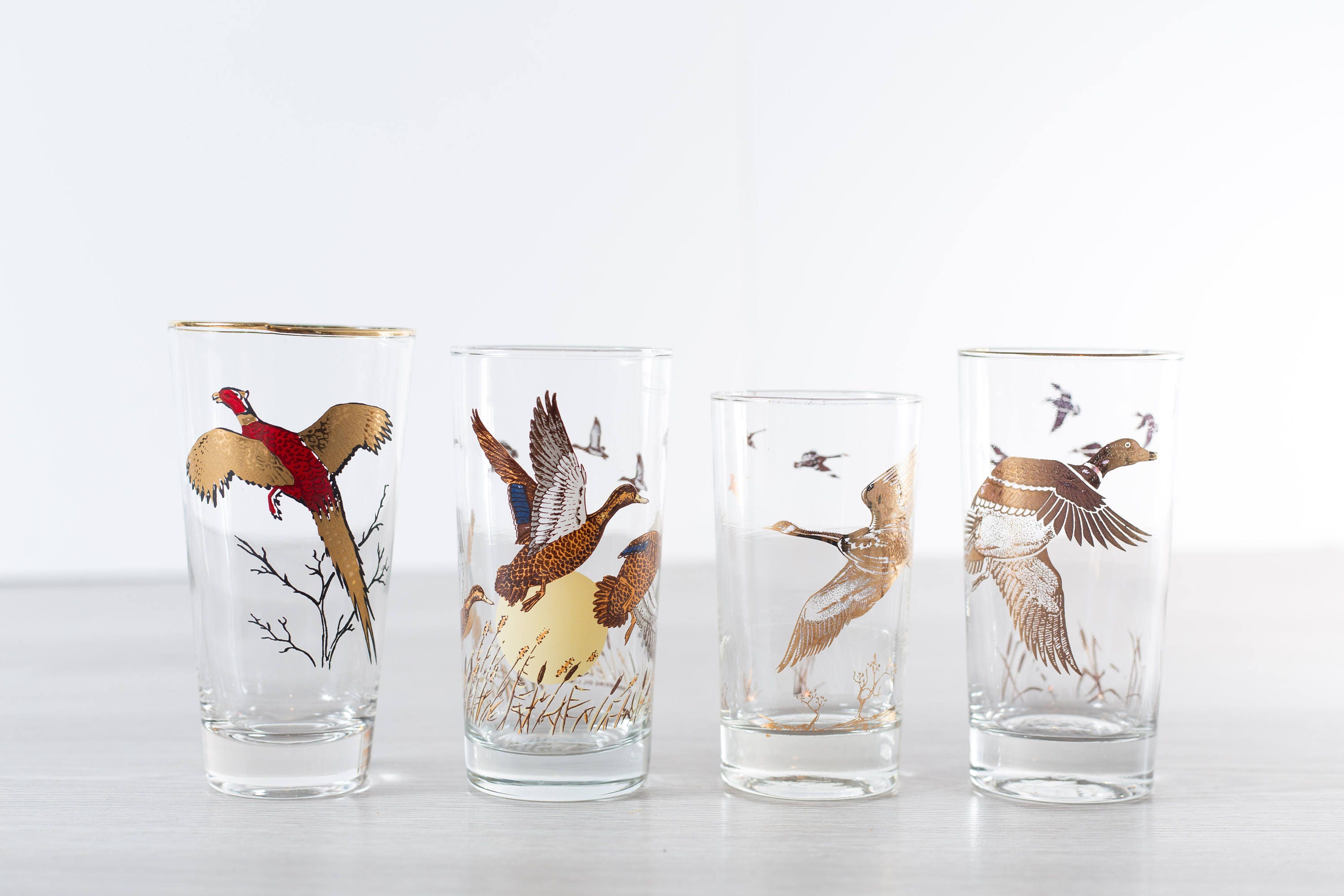 Vintage Bird Glasses / Collectible Gold Fowl Motif Cocktail Glasses / 1960's Barware with Flying