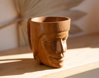 Vintage Wood Cup with Carved Face - Solid Wood Pencil Holder - Indoor Planter Plant Pot Art Object