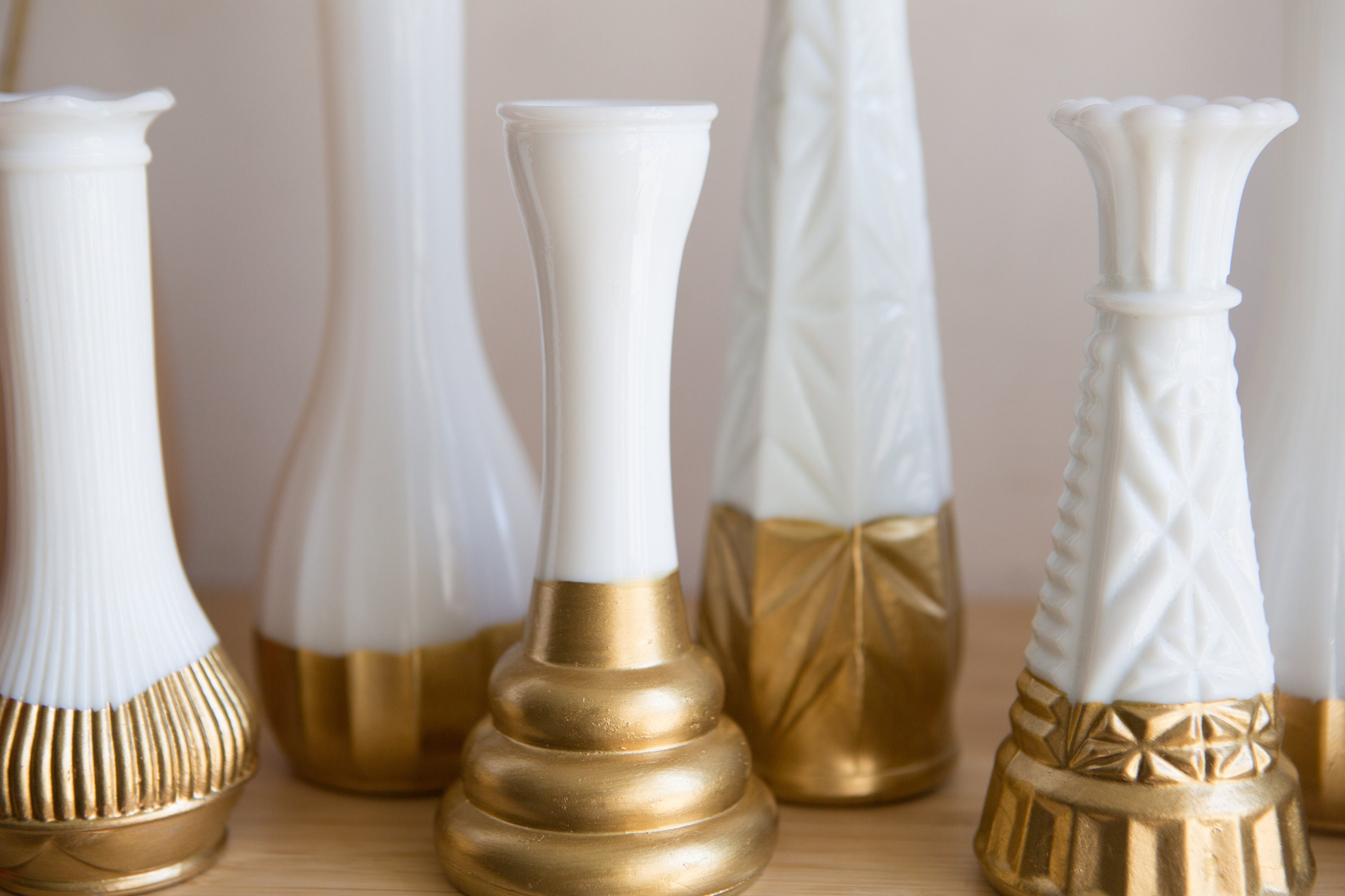 9 Gold Dipped Vases Vintage Geometric White Milk Glass Vases Mid century brass Coloured
