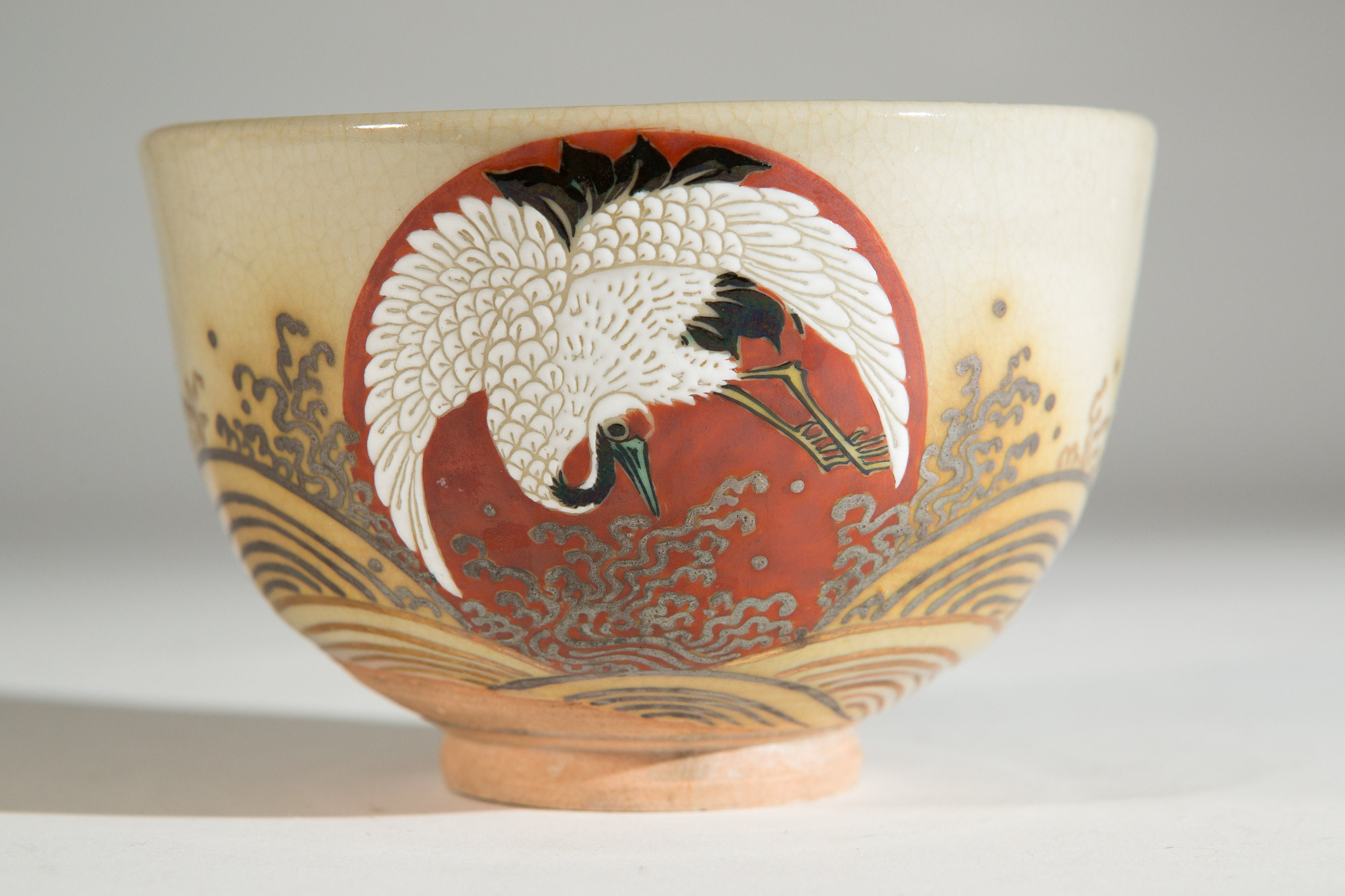 Vintage Hand Painted Japanese Ceramic Bowl with Crane Asian Bird Ceramic Dish