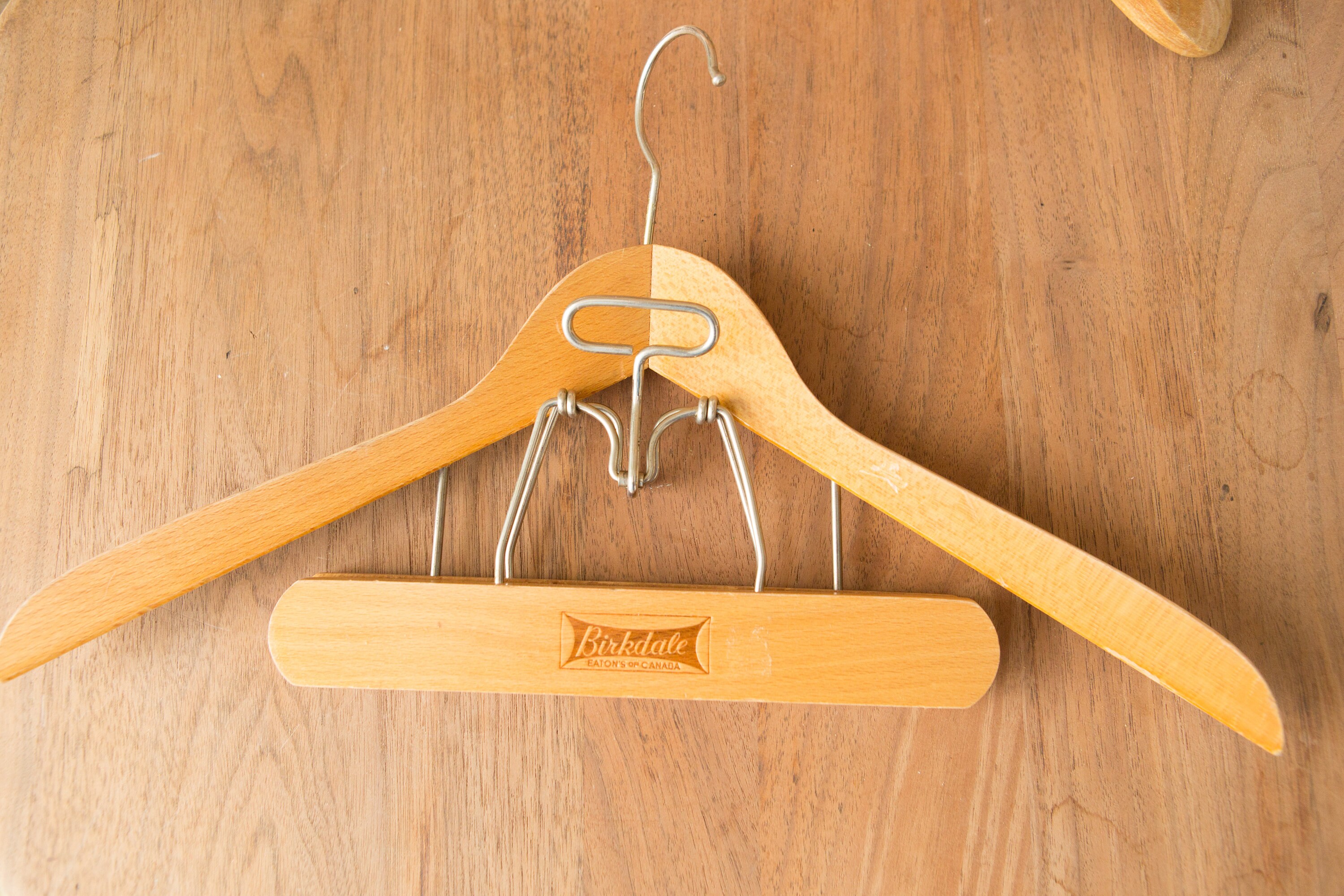 6 Wooden Fur Coat Hangers with Skirt or Pant Clip / Clamp Vintage