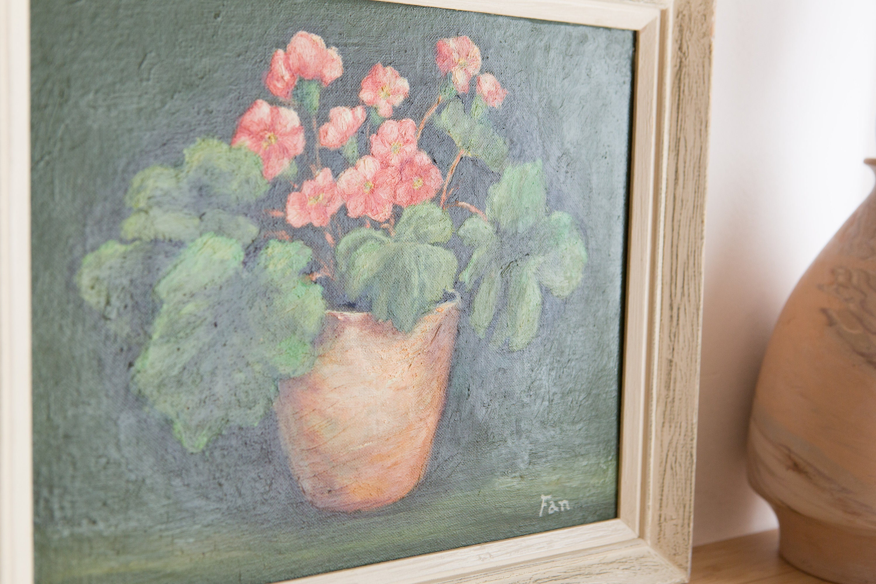 Original Acrylic Painting Vintage Floral Artwork Painted Pink