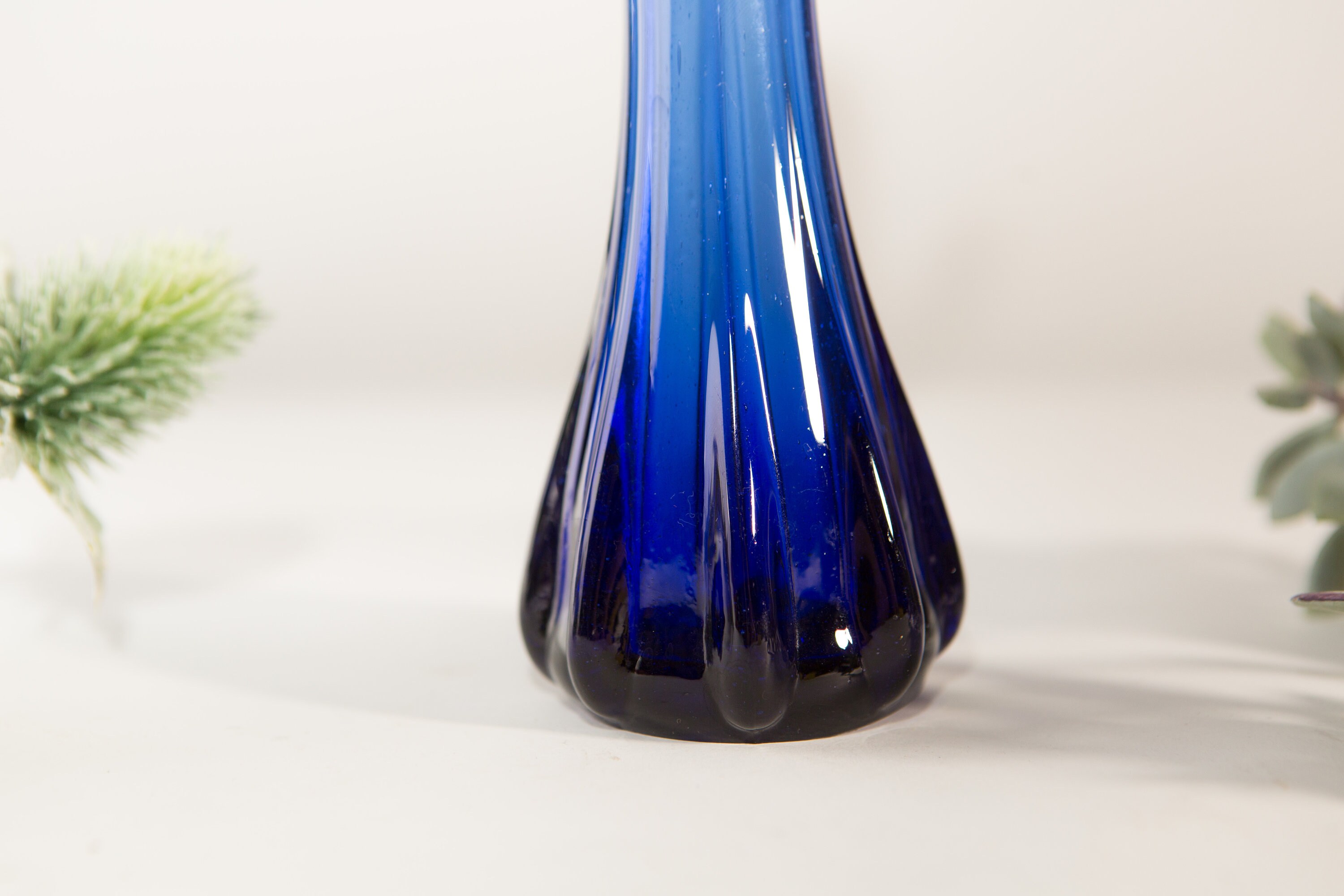 Cobalt Blue Petal Art Glass Stretch Swung Vase Handblown Drip Style