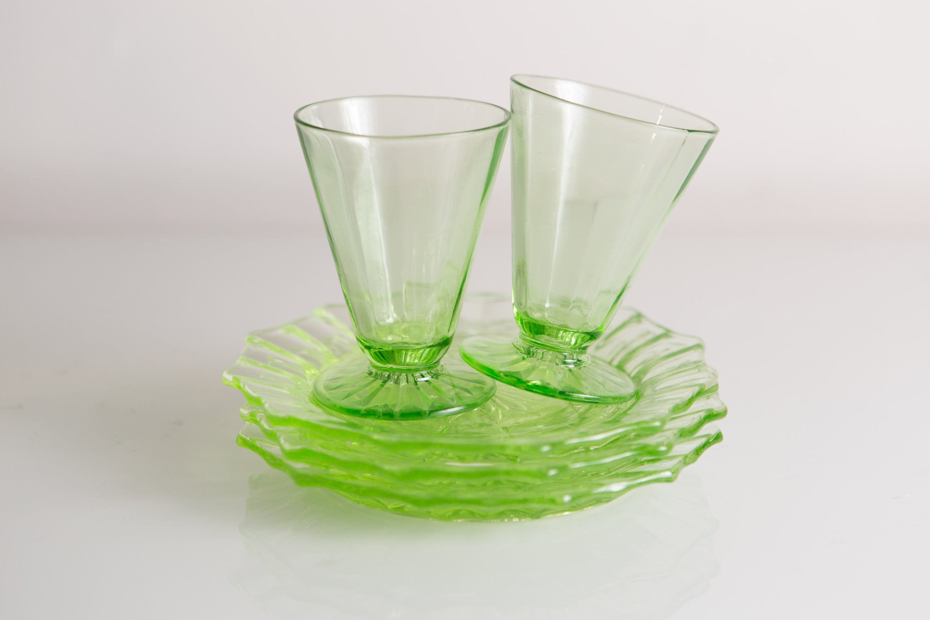 2 Green Apéritif Glasses and 3 Small Plates 2oz Pair of Antique Small