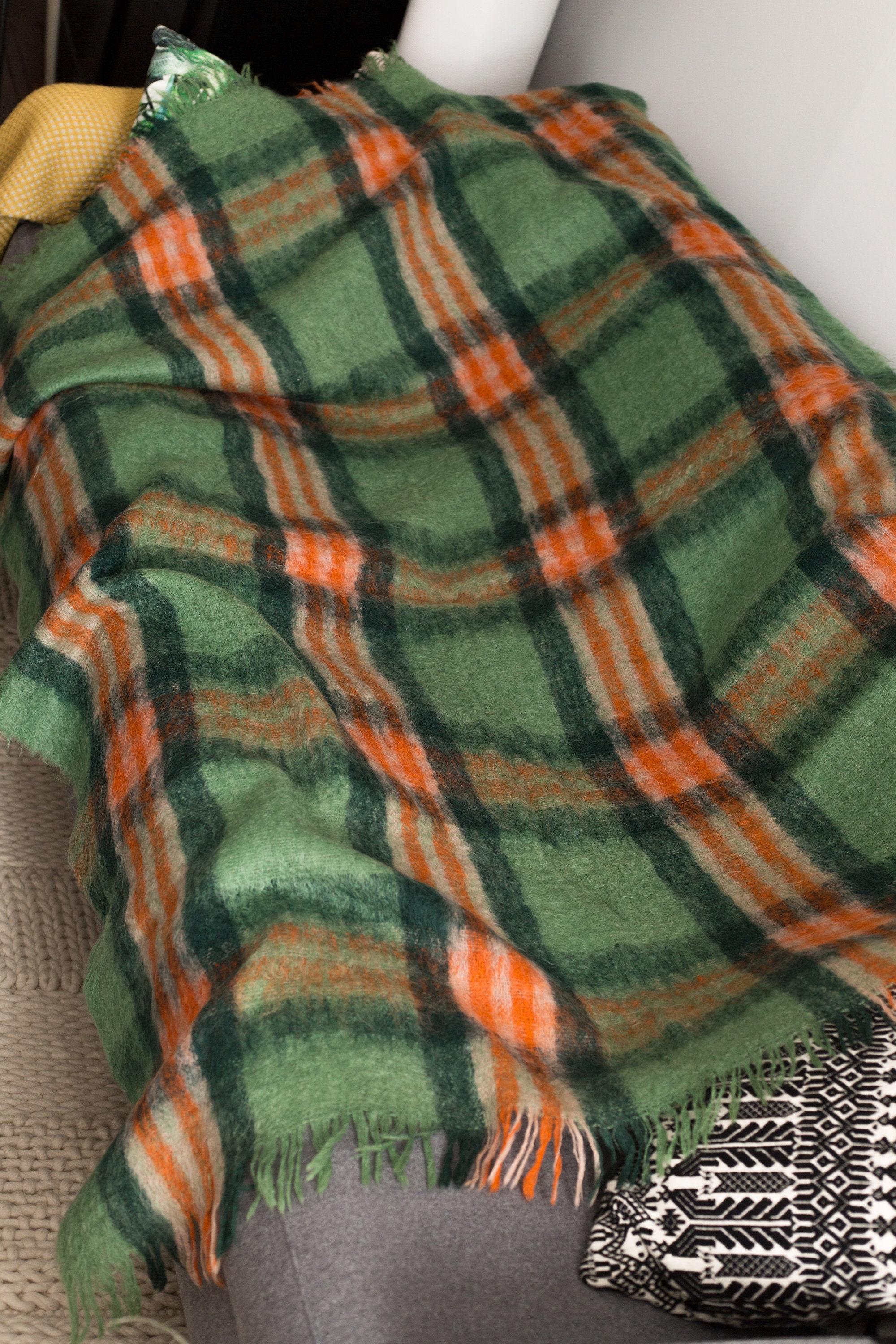Green Plaid Blanket HBC Hudson's Bay Mohair and Wool Orange and Green