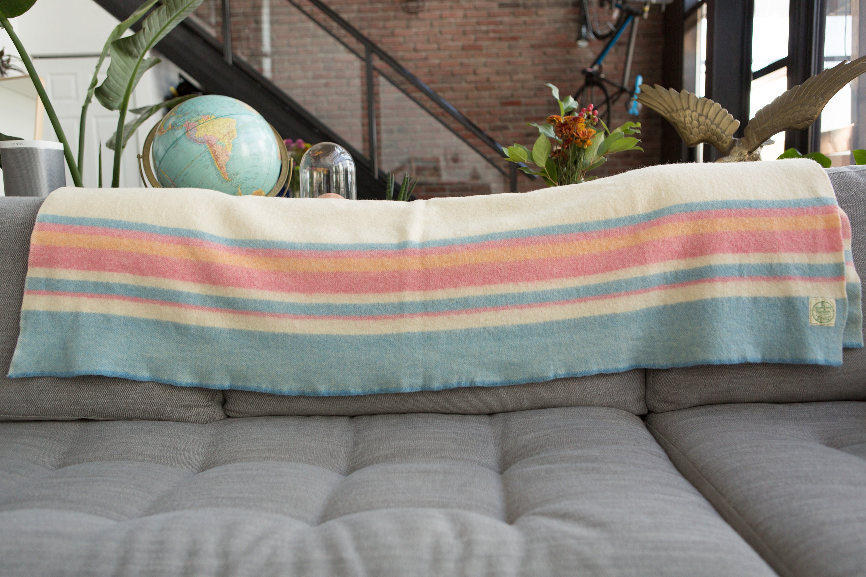 Vintage Striped Blanket Wool Blue and Pink Pinstripe Throw HornBros