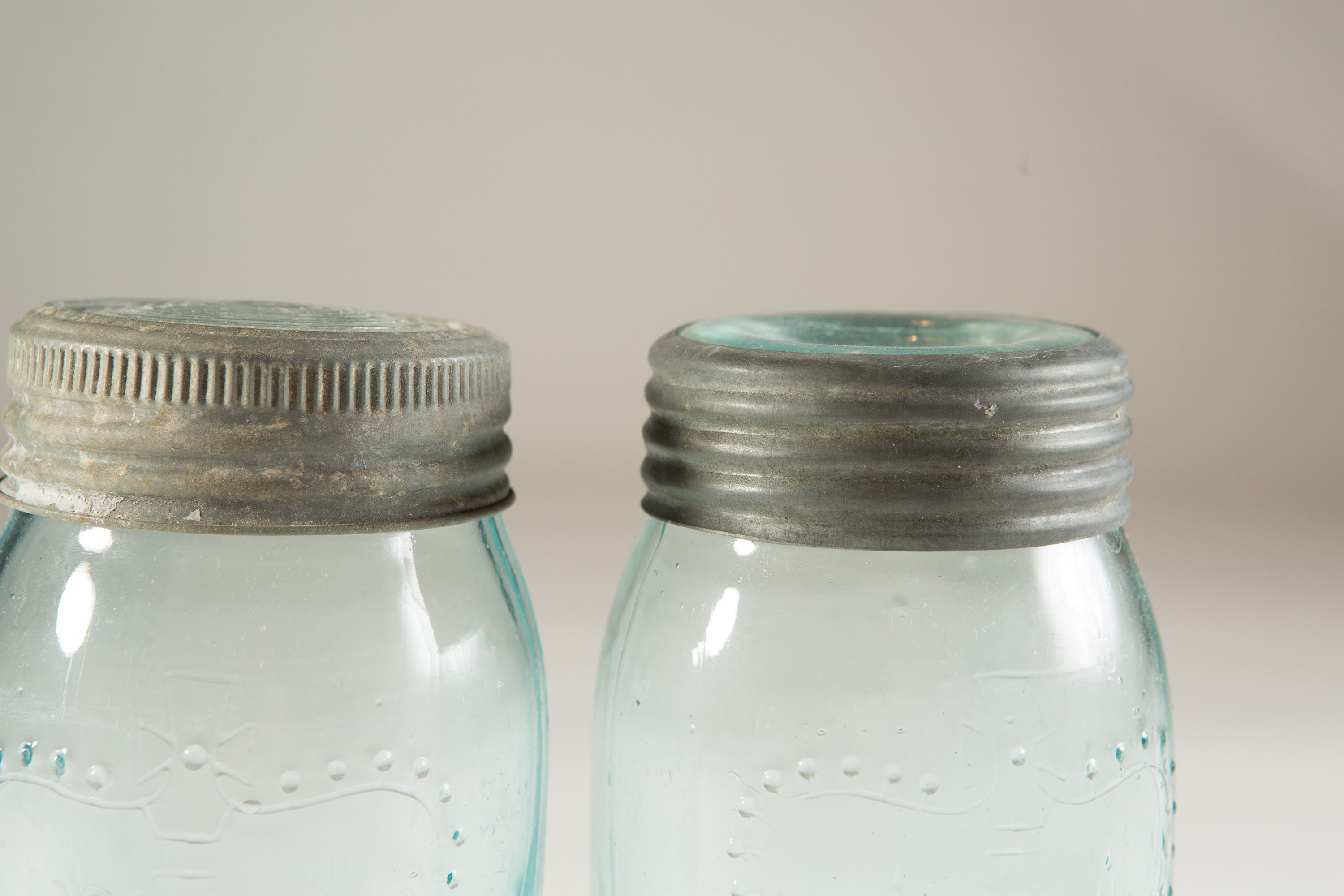 4 Vintage Crown Canning Mason Jars with Blue Glass and Zinc Lid (Made