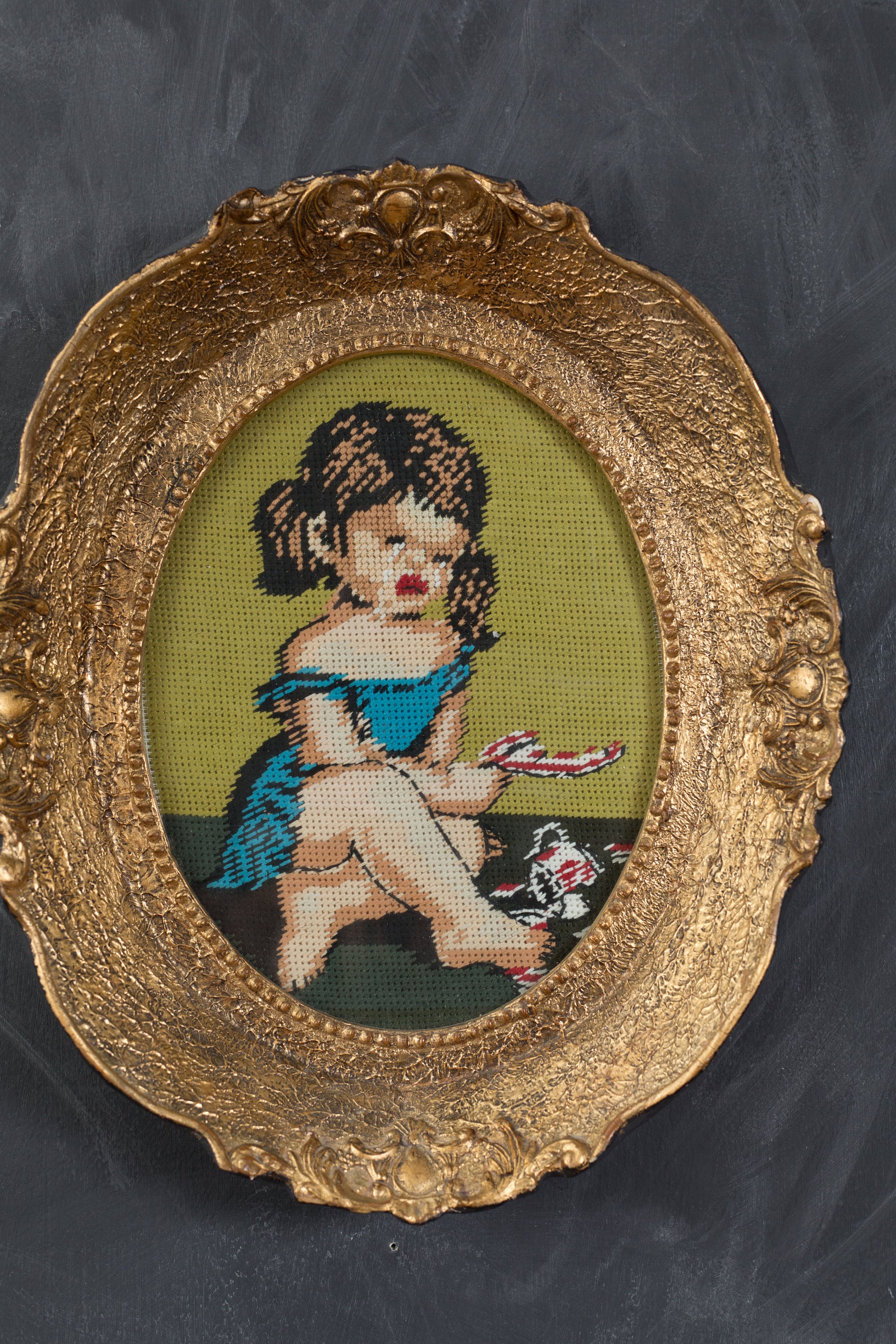 Vintage Latch Hook Artwork Pair of Gold Colored Oval Framed