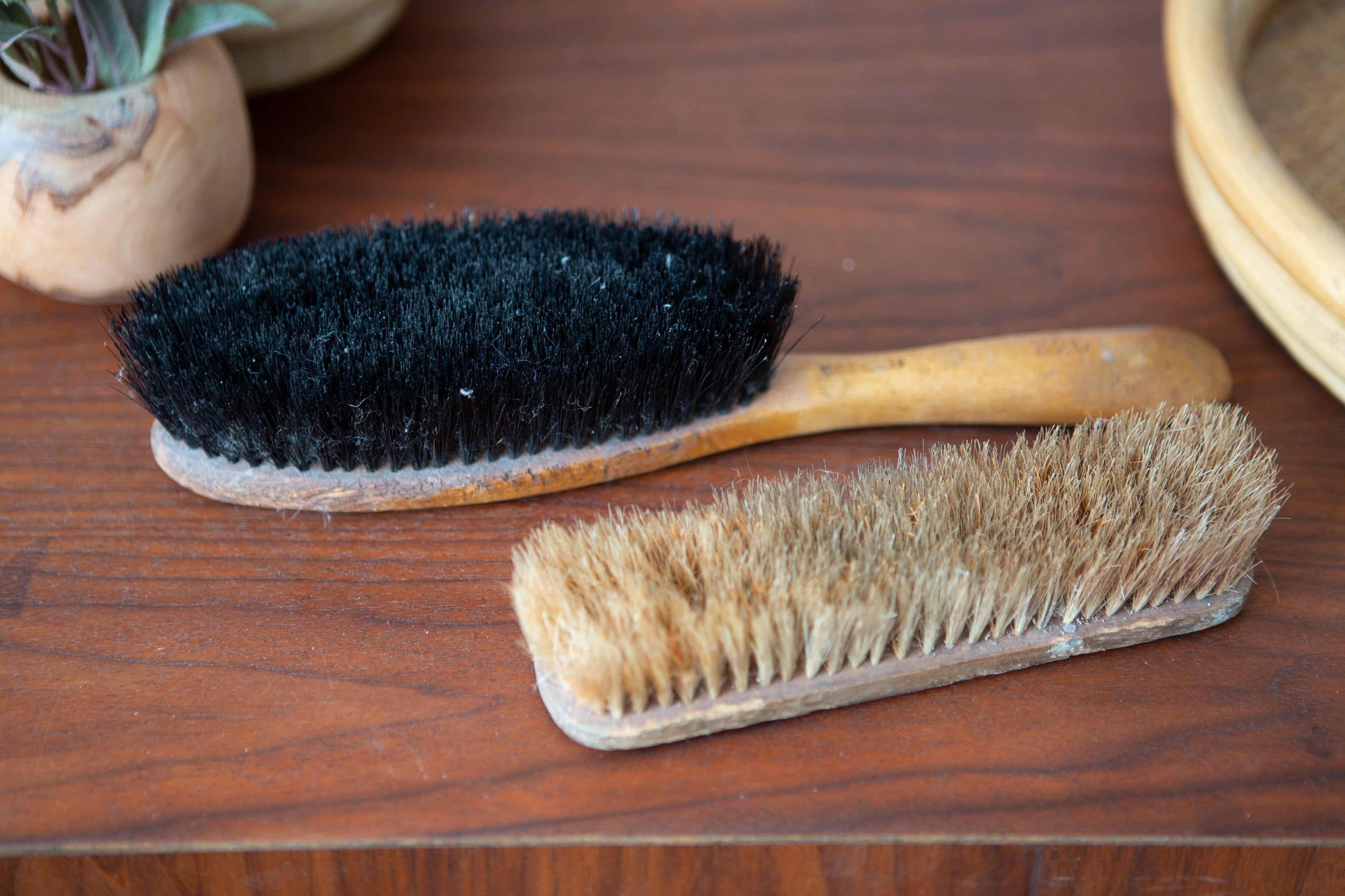 2 Vintage Shoe Shine Brushes Antique Brown Wood Brush Rustic