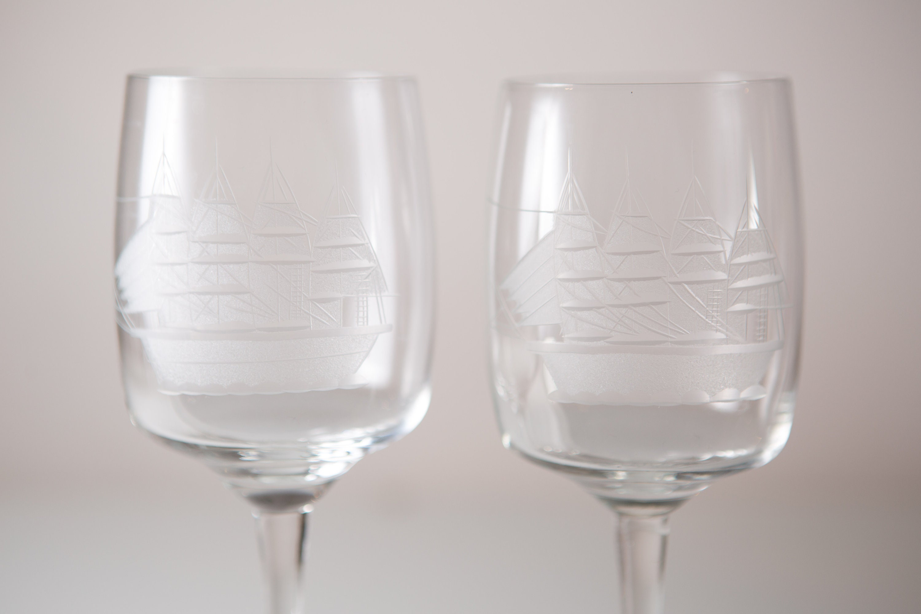 2 Vintage Wine Glasses 10oz Etched Sailing Ship Glasses Retro