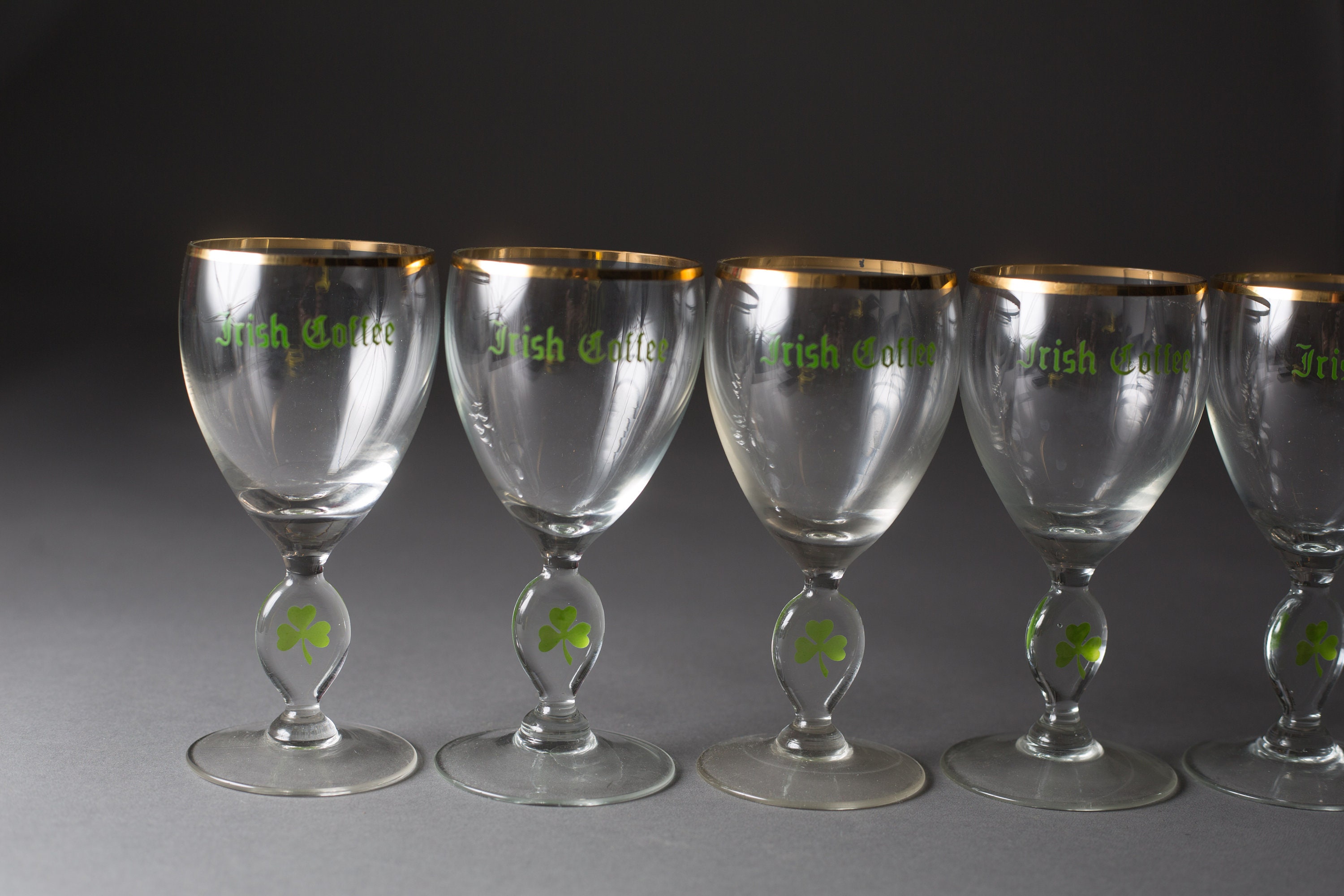 Irish Coffee Glass Vintage Gold Rim Four Leaf Clover Specialty Coffee Stemware Mid Century