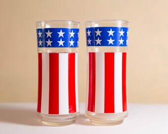 Patriotic American Flag Cocktail Water Glasses with Star Spangled Banner - Pair of Vintage 4th of July Independence Day Glasses