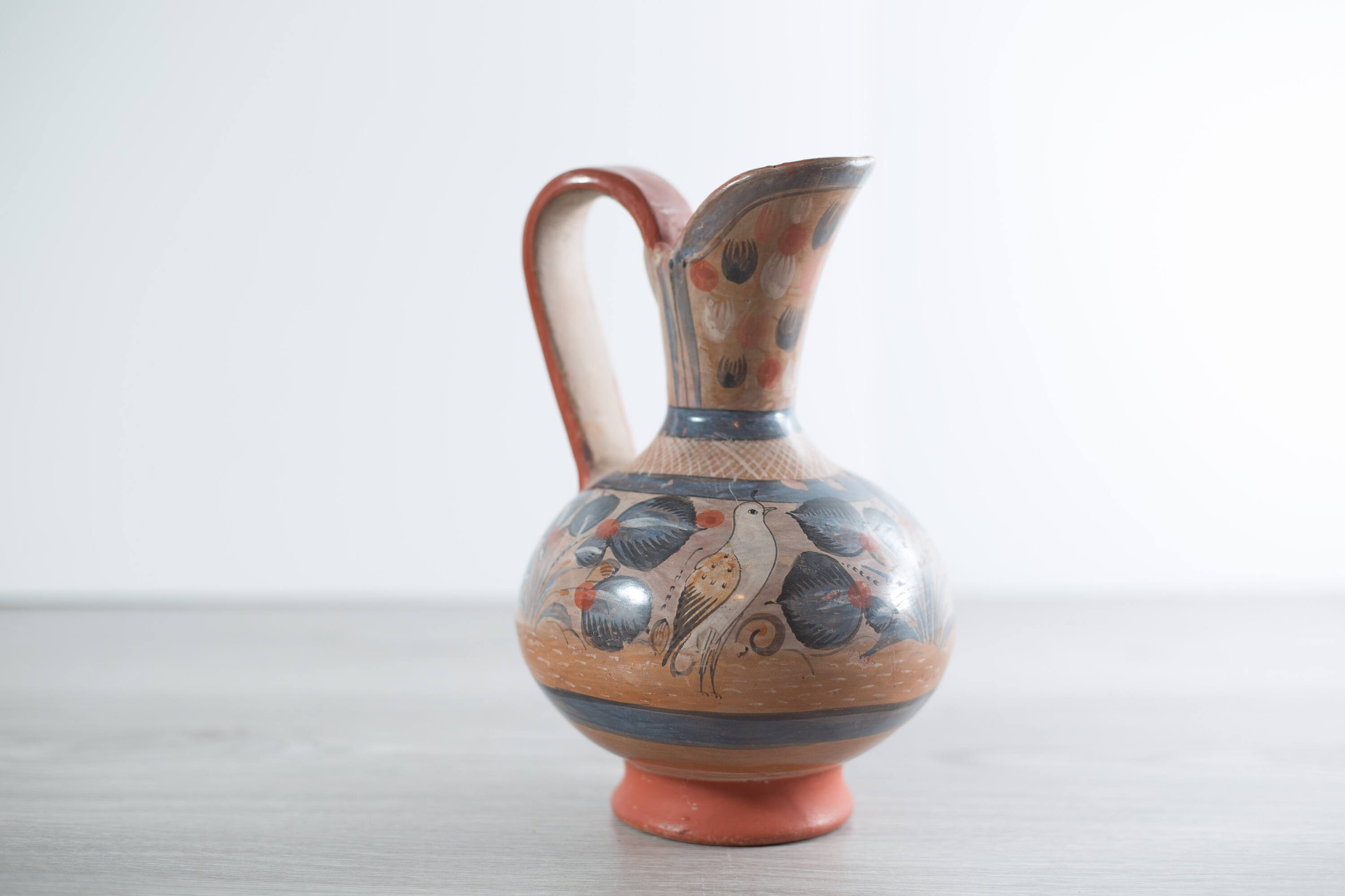 Vintage Mexican Tonala Pottery Water Jug / Hand Painted Ewer with Bird